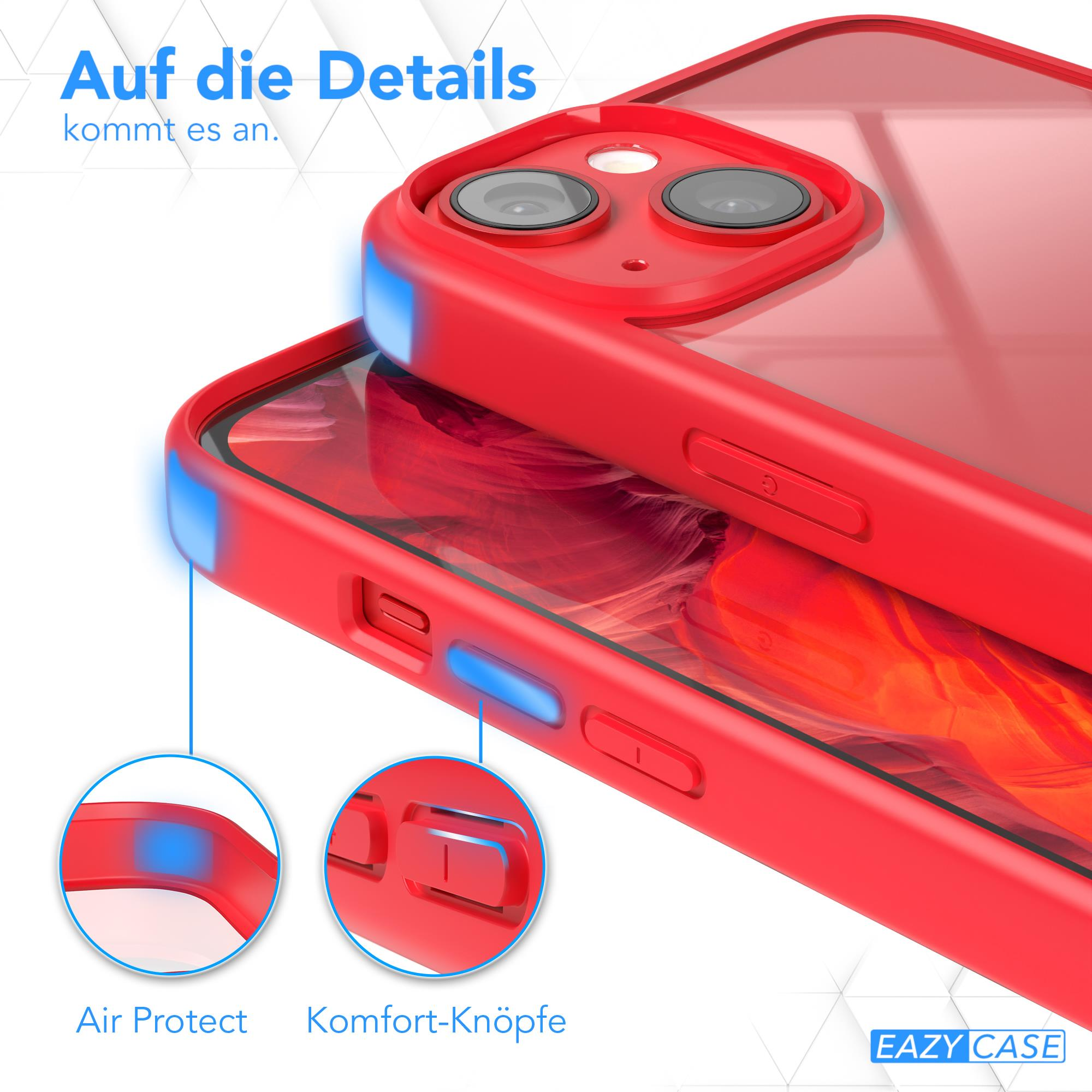 Nahaufnahme einer roten Handyhülle. Zeigt Knöpfe und Schutzkanten. Der Hintergrund ist unscharf.