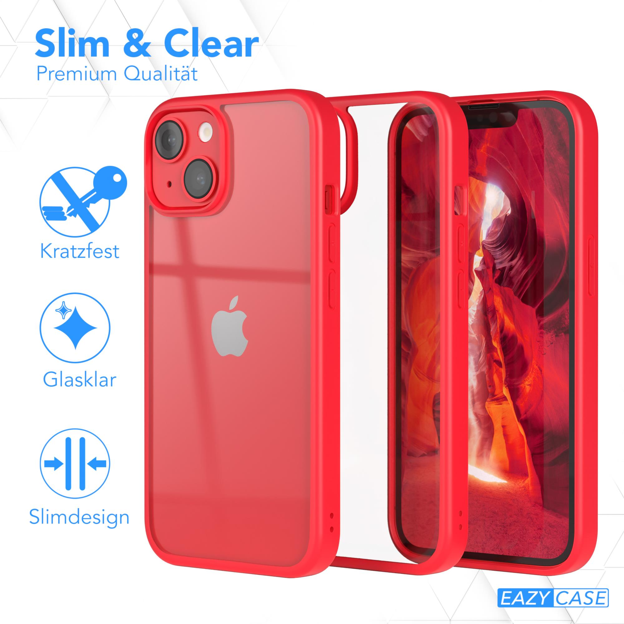 Rote Handyhülle auf weißer Oberfläche mit Telefon, Text und Symbolen. Text: 'Slim & Clear'.