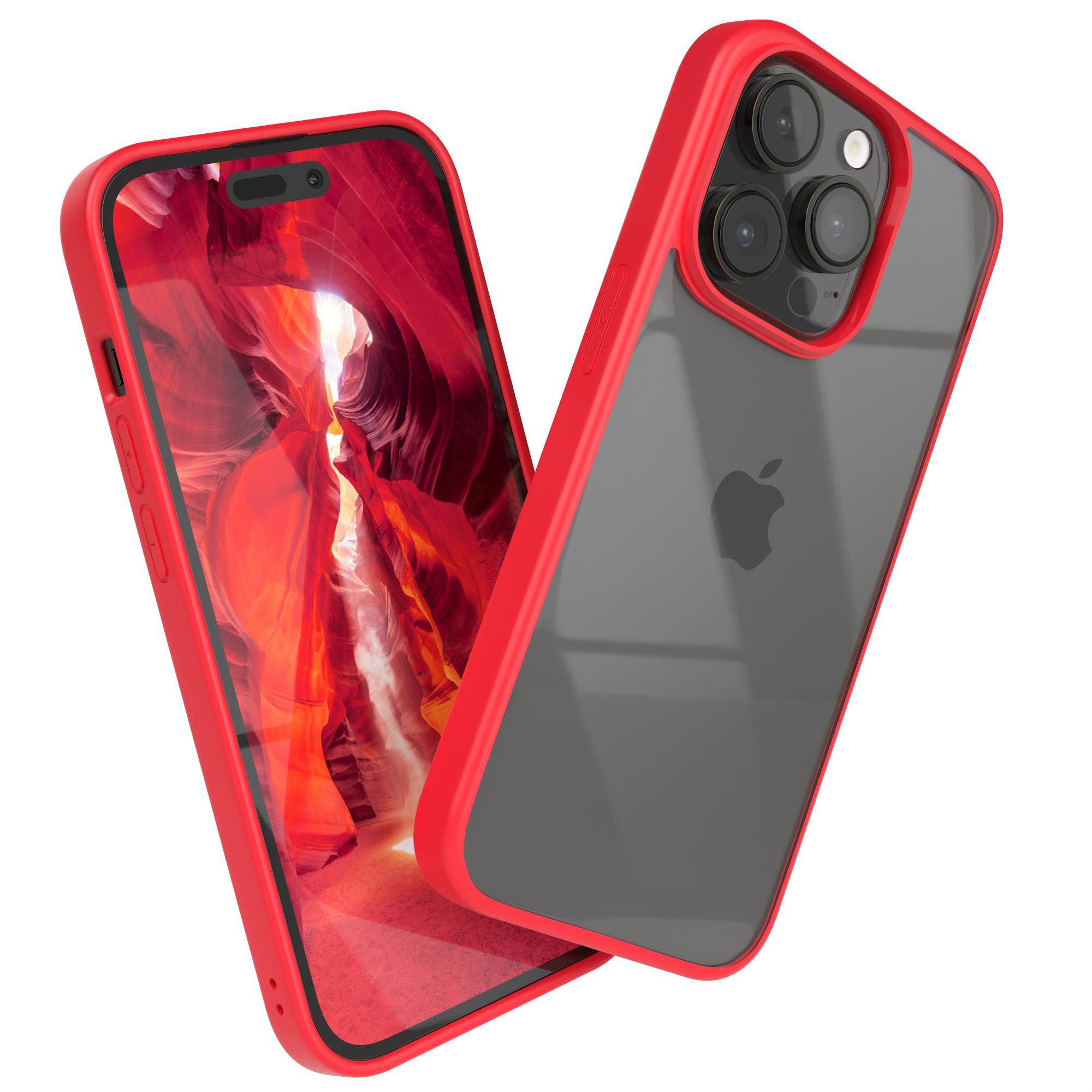 Rote iPhone-Hülle, transparente Rückseite. Das Telefon ist in der Hülle und leicht angewinkelt.