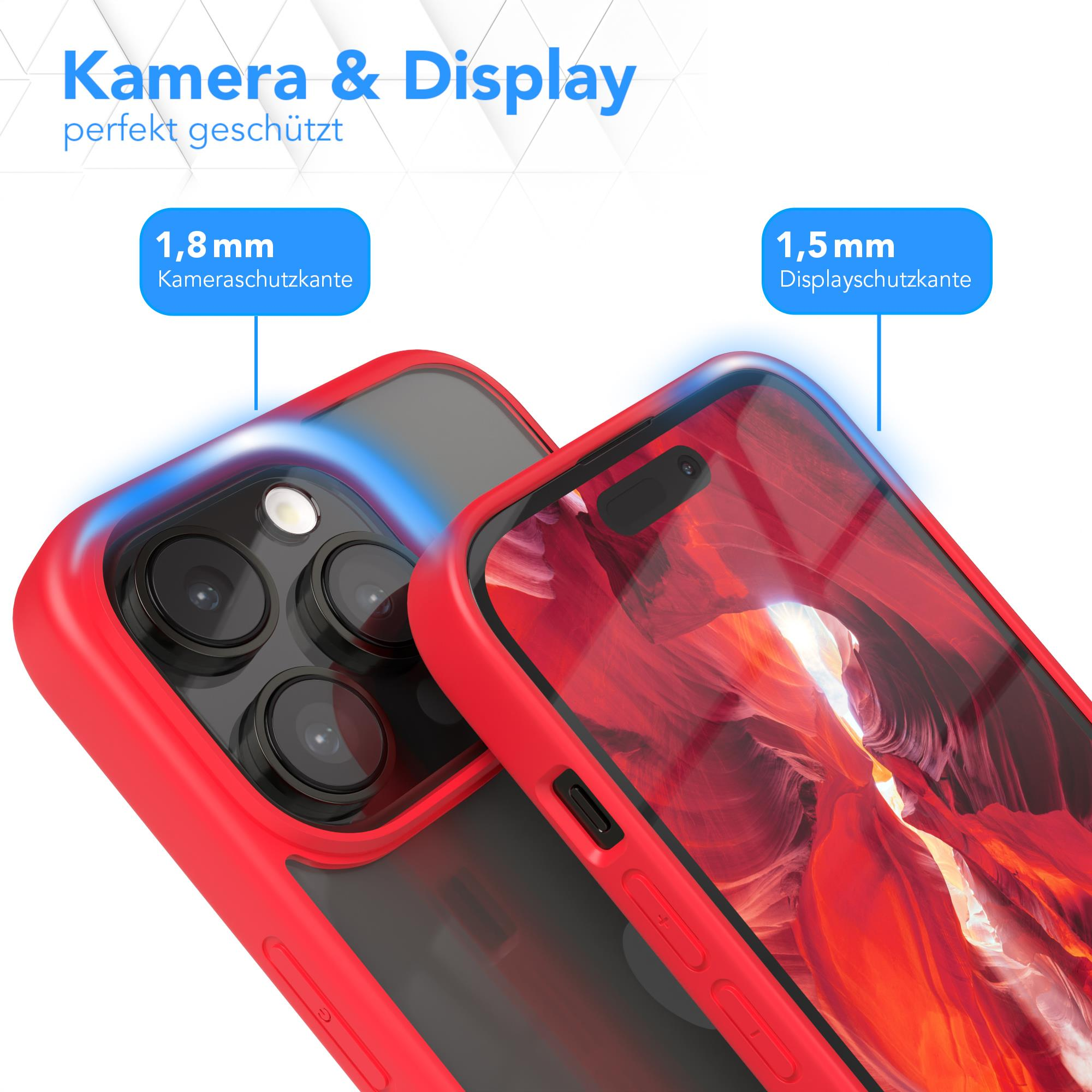 Zwei Handyhüllen, eine rote, transparente, schützt Kamera und Display des Telefons.