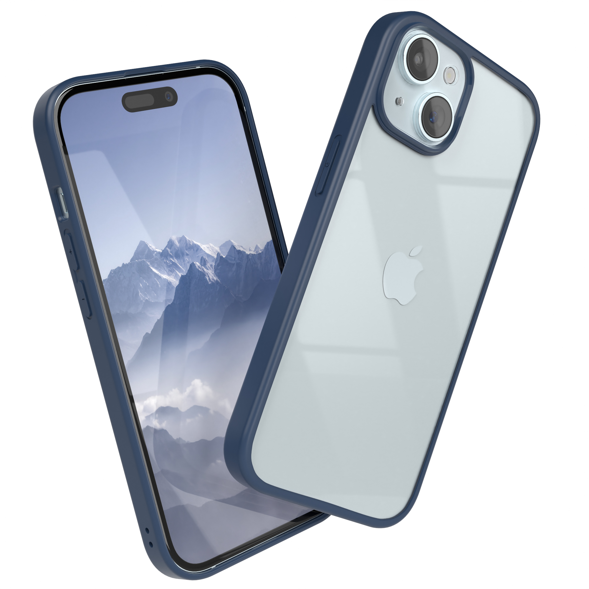 Zwei Telefone in Hüllen. Eines blau, das andere klar mit blauem Rand. Beide zeigen eine Berglandschaft.