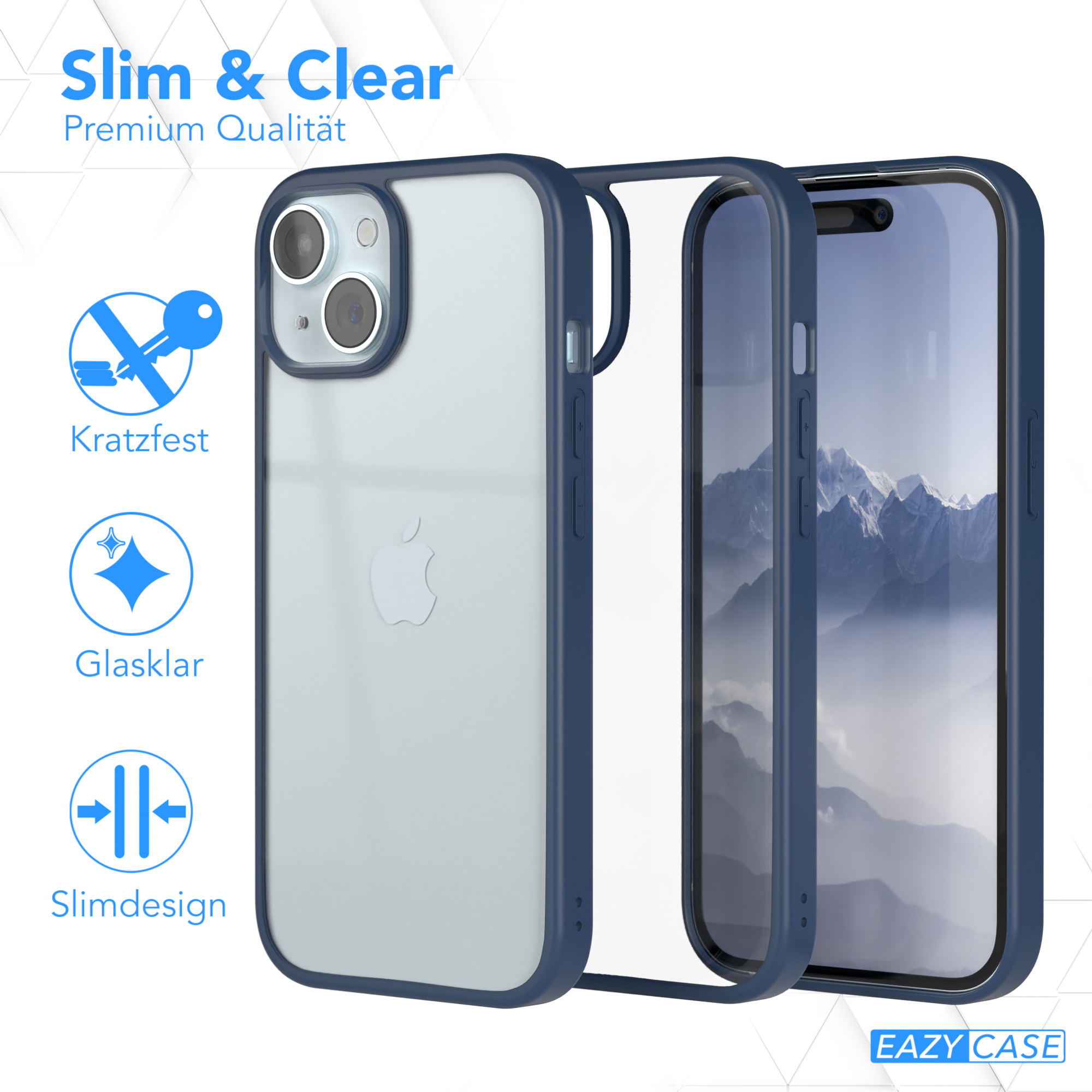 Eine Handyhülle mit blauem Rahmen und klarer Rückseite, mit einem iPhone darin. Zubehör ist darum platziert.