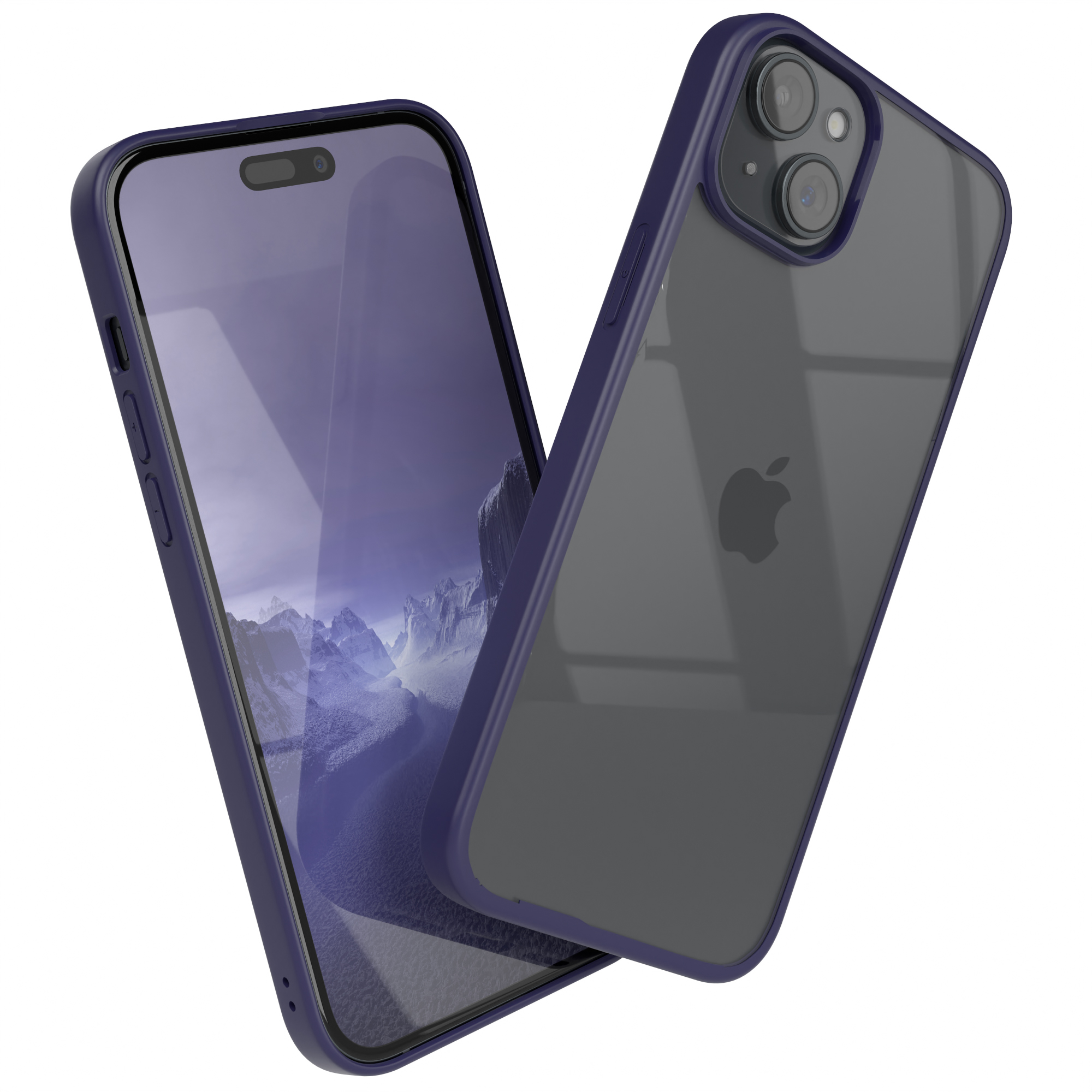 Zwei Telefone. Ein blau gerahmtes Telefon und ein Telefon mit durchsichtigem Rücken, beide in der Luft.