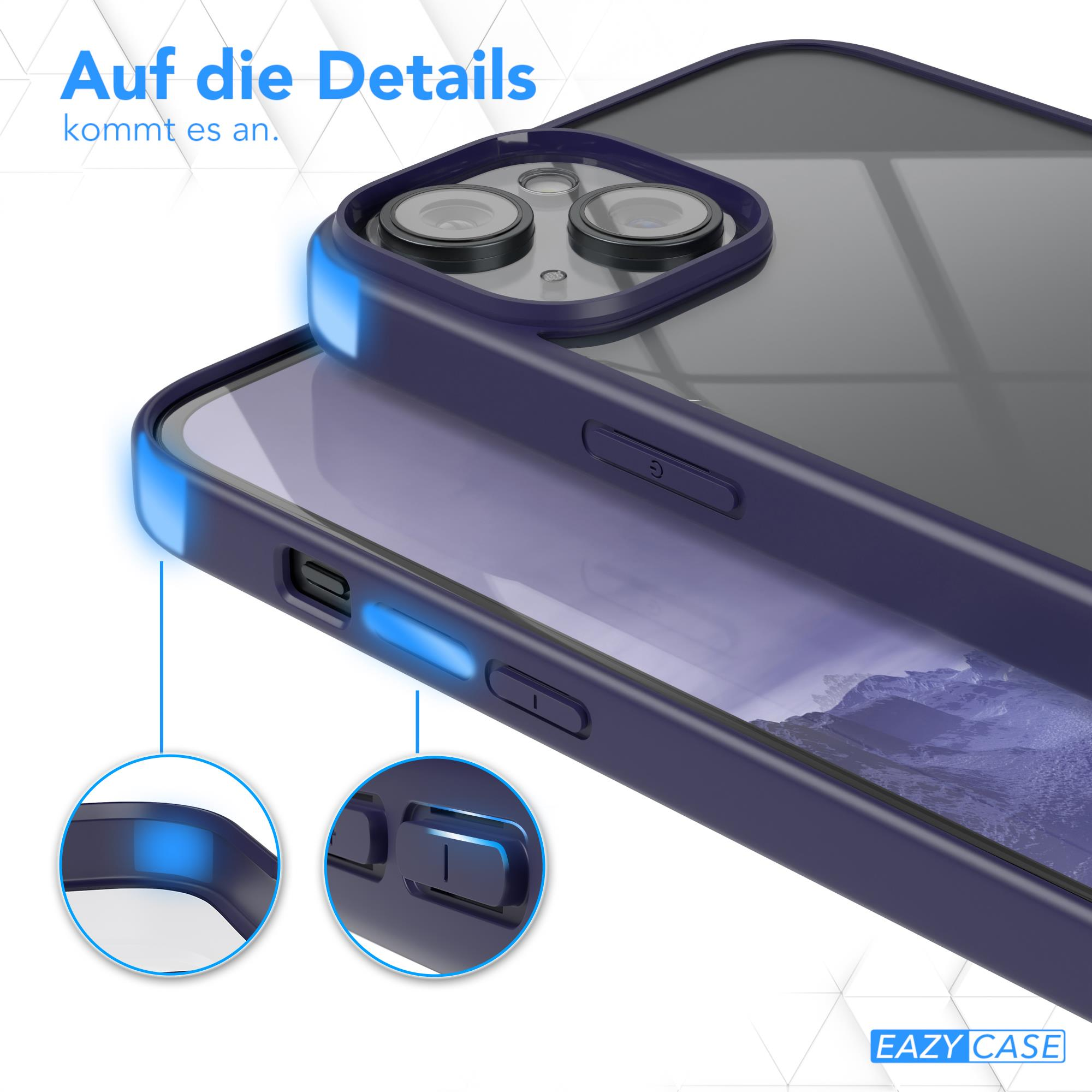 Transparente Handyhülle mit Glitzer. Das Telefon befindet sich in der Hülle. Blaue Akzente.