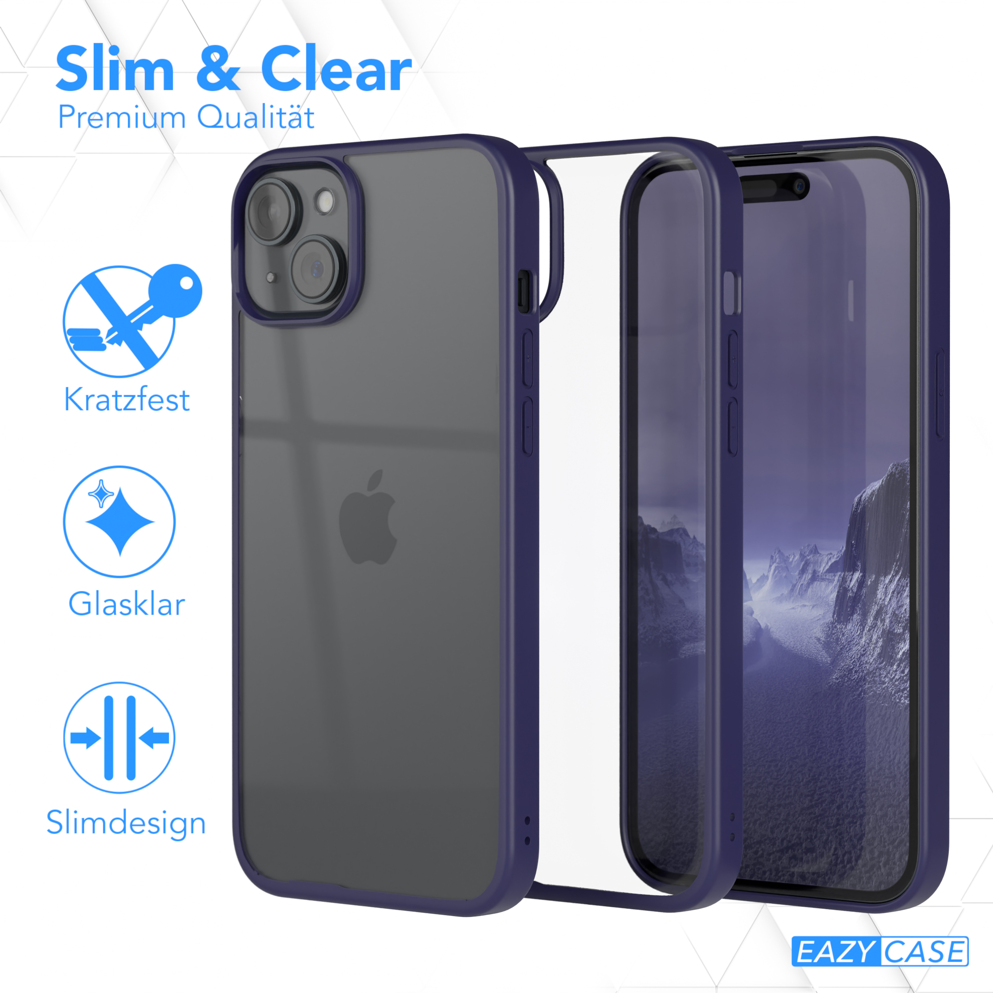 Blaue und transparente Handyhülle mit Telefon. Text sagt schlank & klar, kratzfest und glasklar.