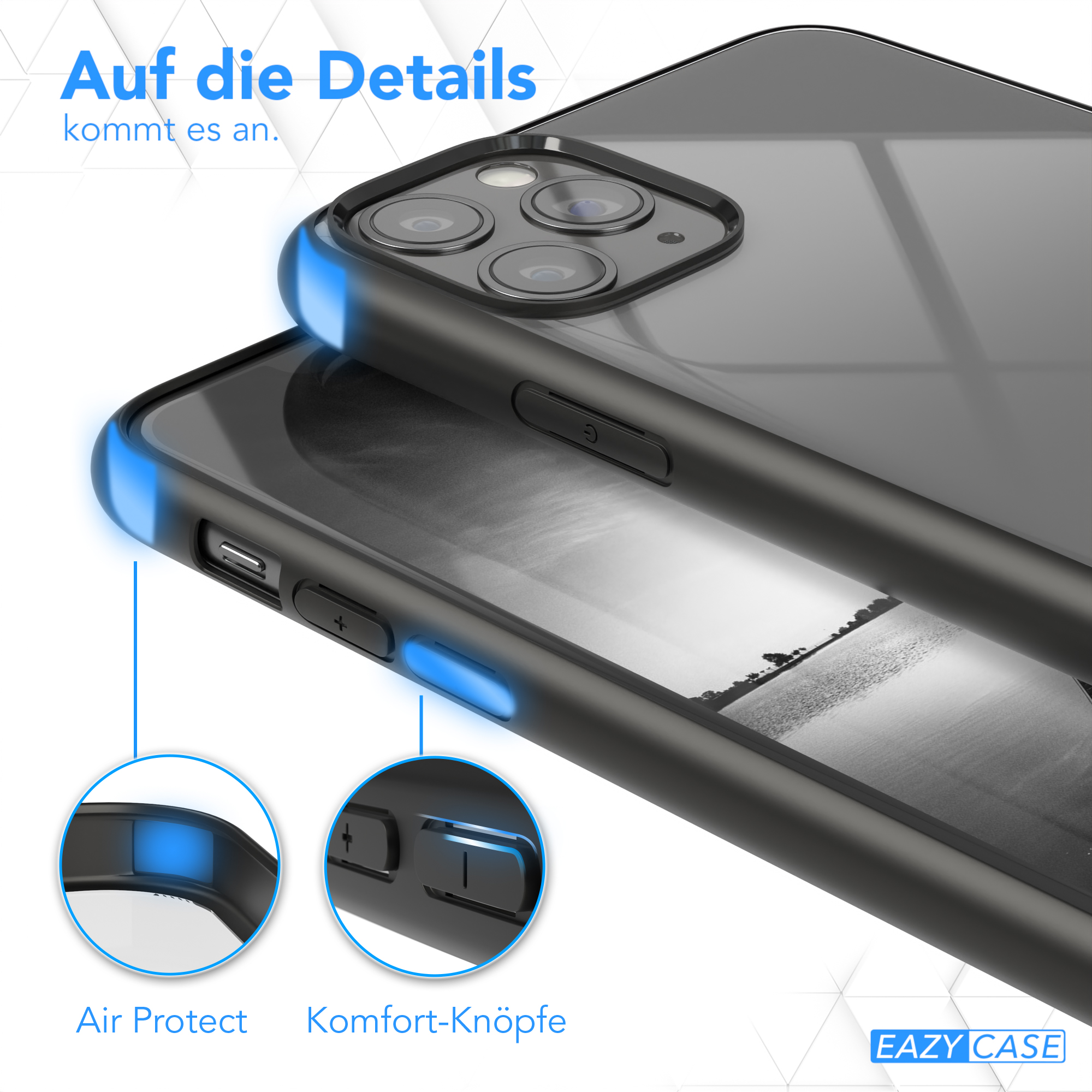 Zwei Handyhüllen mit blauen Akzenten an den Rändern, die Knopf und Bildschirm zeigen.