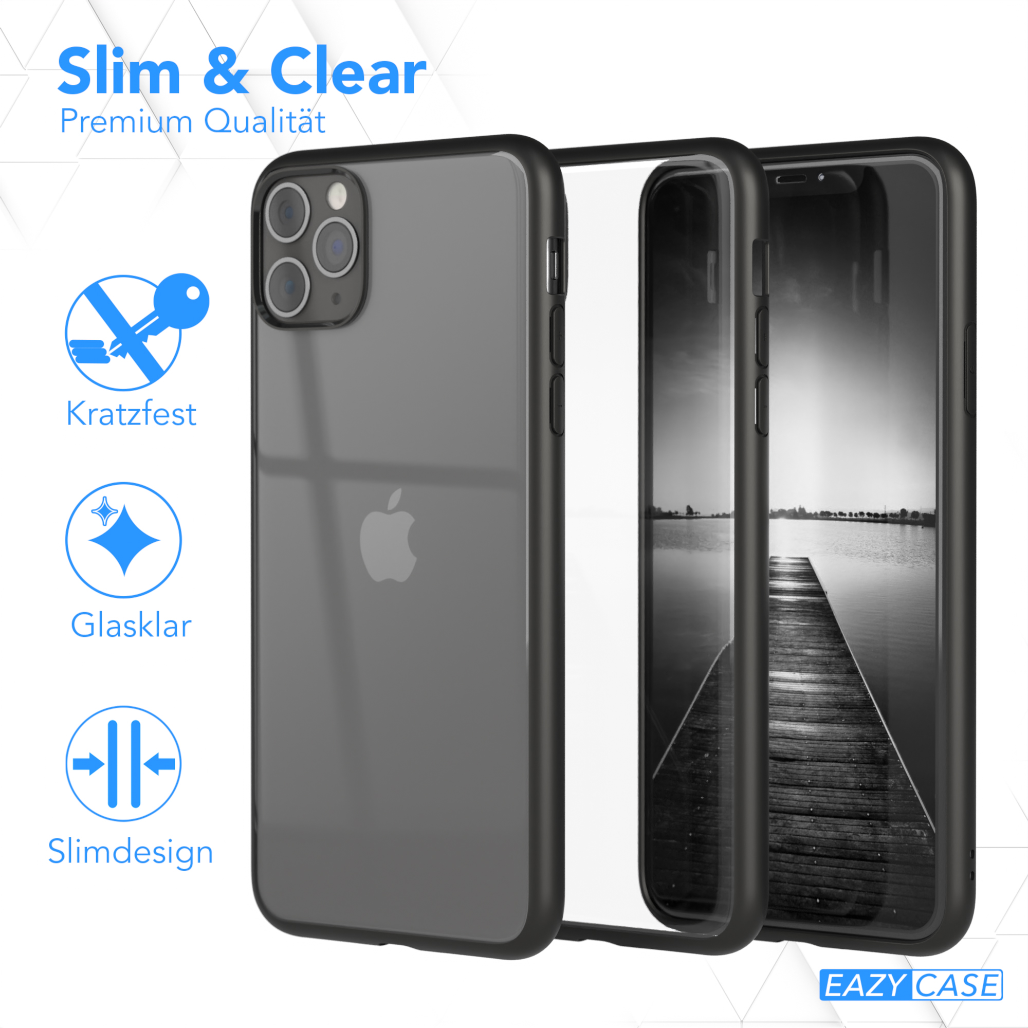Schwarze Handyhülle mit Telefon. Schutzhülle mit Symbolen für Kratzfestigkeit und schlankes Design.