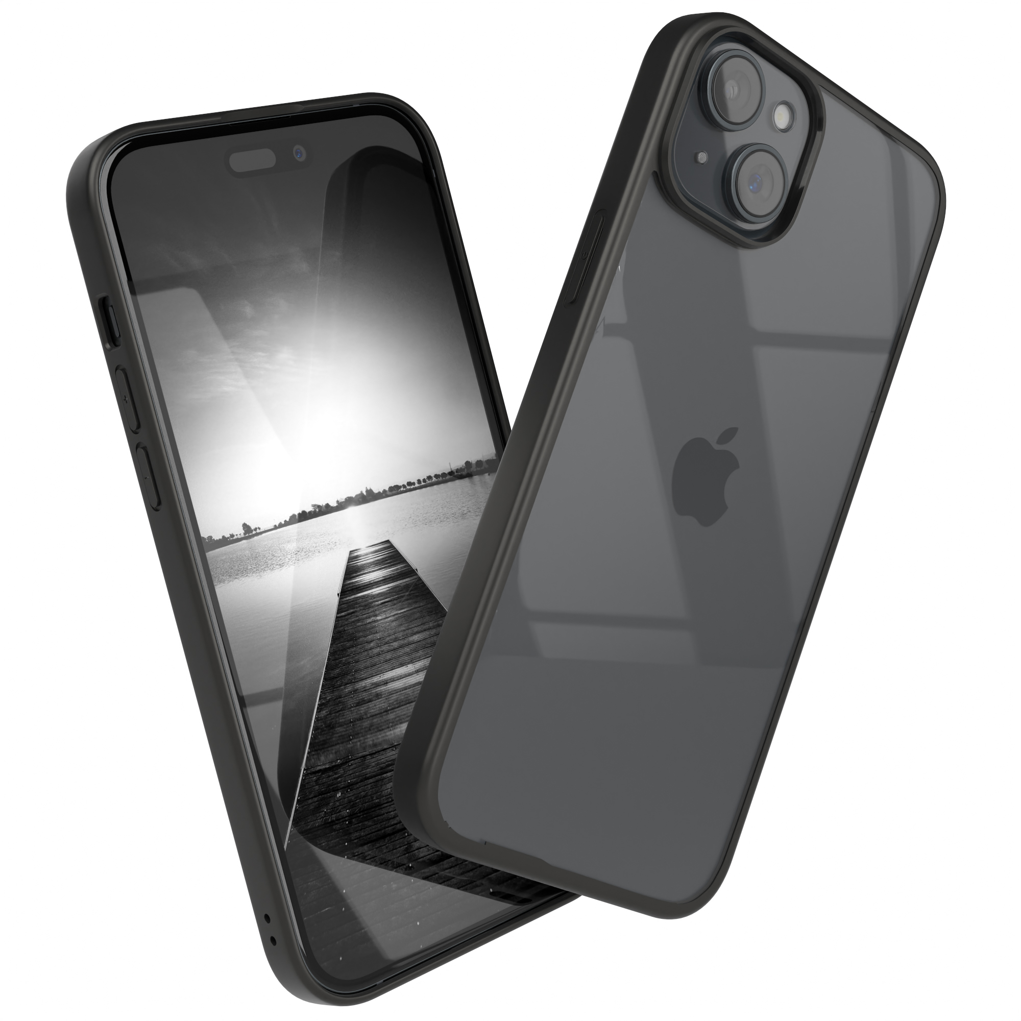 Schwarzes iPhone mit durchsichtiger Hülle. Das Telefon zeigt ein Graustufenbild eines Piers und Wassers.
