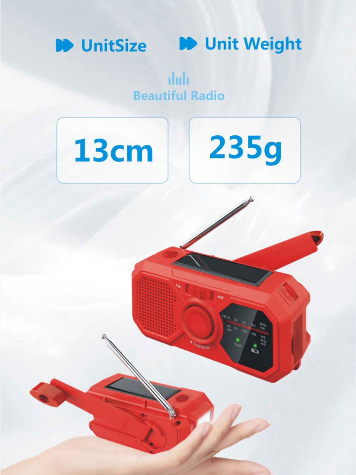 Ein rotes tragbares Radio mit Solarpanel. Die Größe beträgt 13cm, das Gewicht 235g.