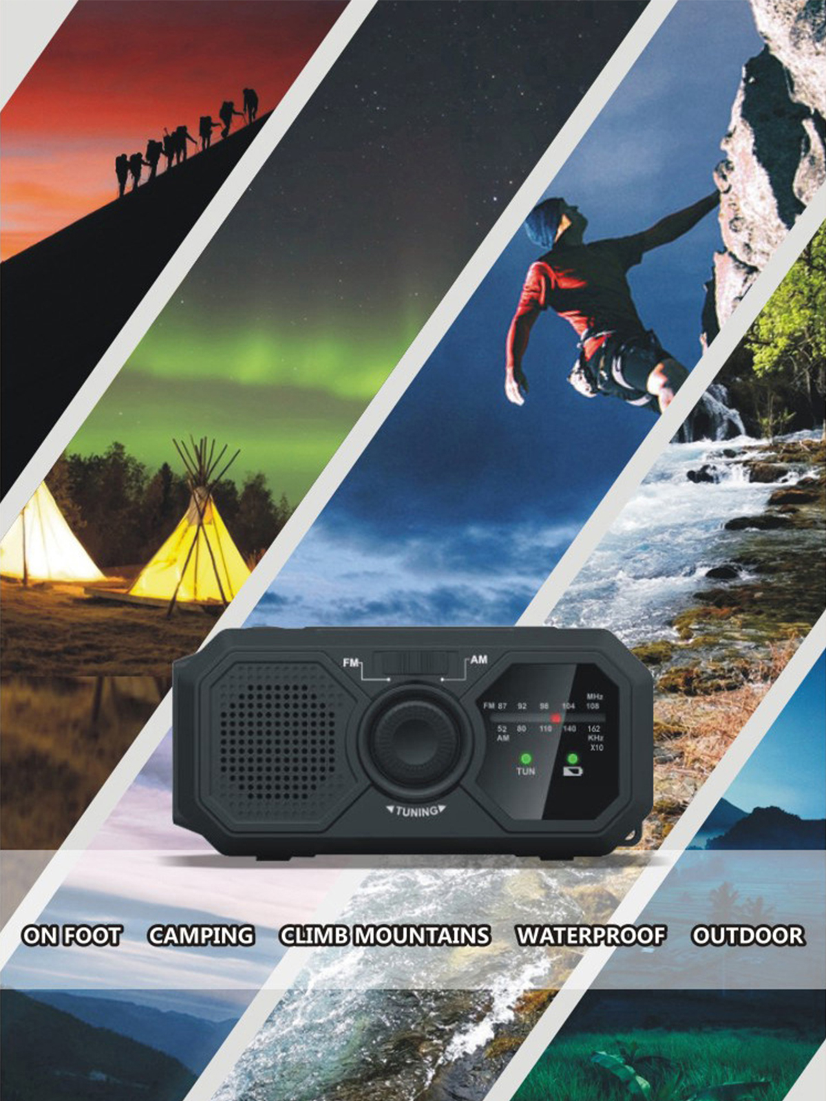 Eine Collage von Outdoor-Aktivitäten, einem Radio und Text: Camping, Klettern, wasserdicht und Outdoor.