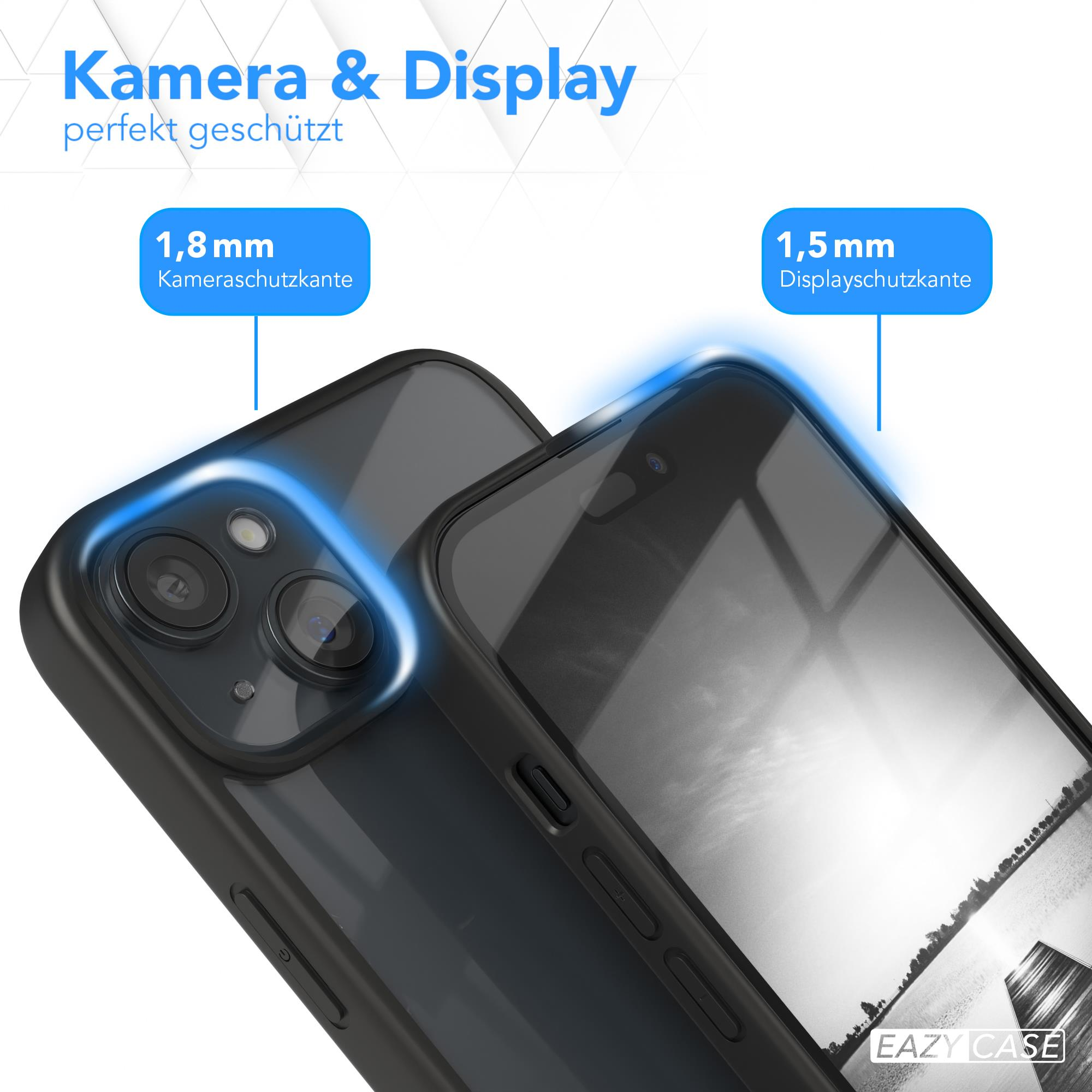 Eine Handyhülle mit dem Telefon darin. Text und Pfeile heben den Kamera- und Displayschutz hervor.