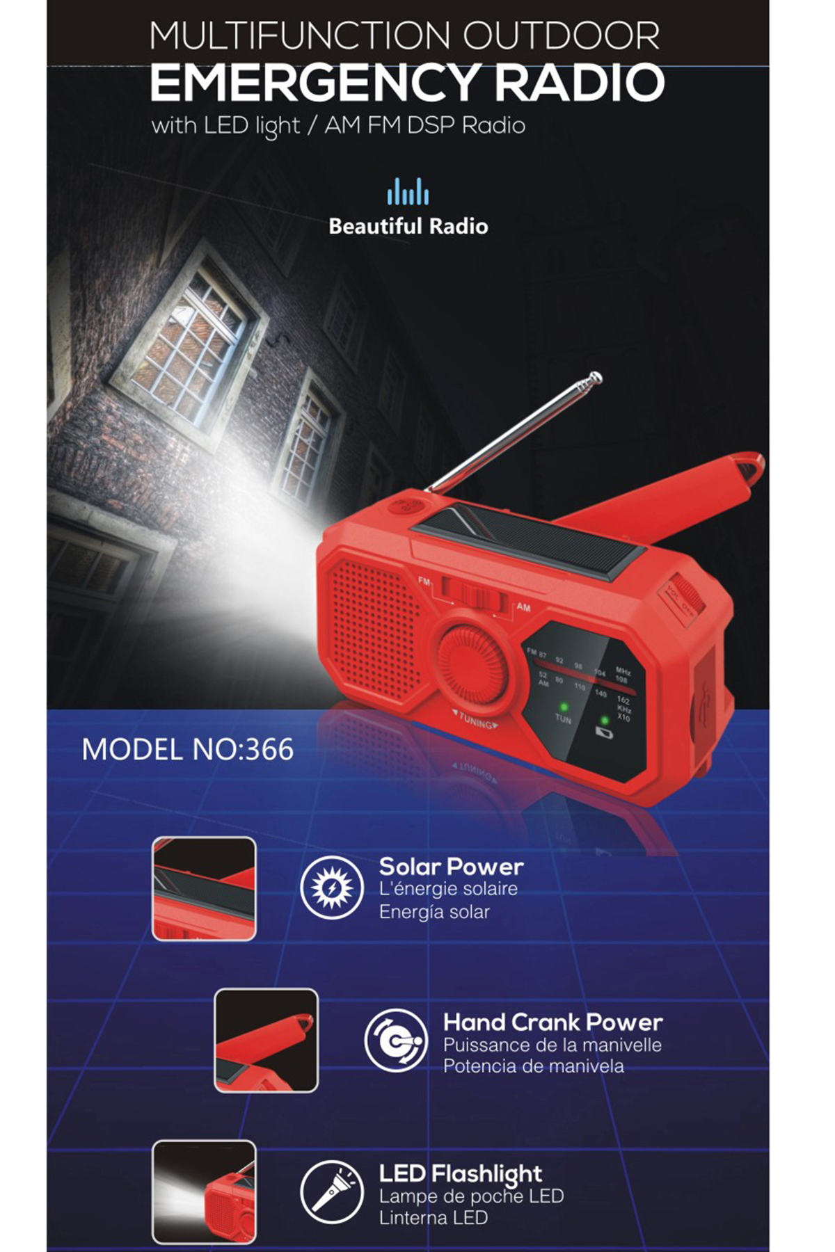 Rotes Notfallradio mit Solarpanel und Taschenlampe. Es hat einen Griff und ein Einstelldisplay. Der Hintergrund ist blau.