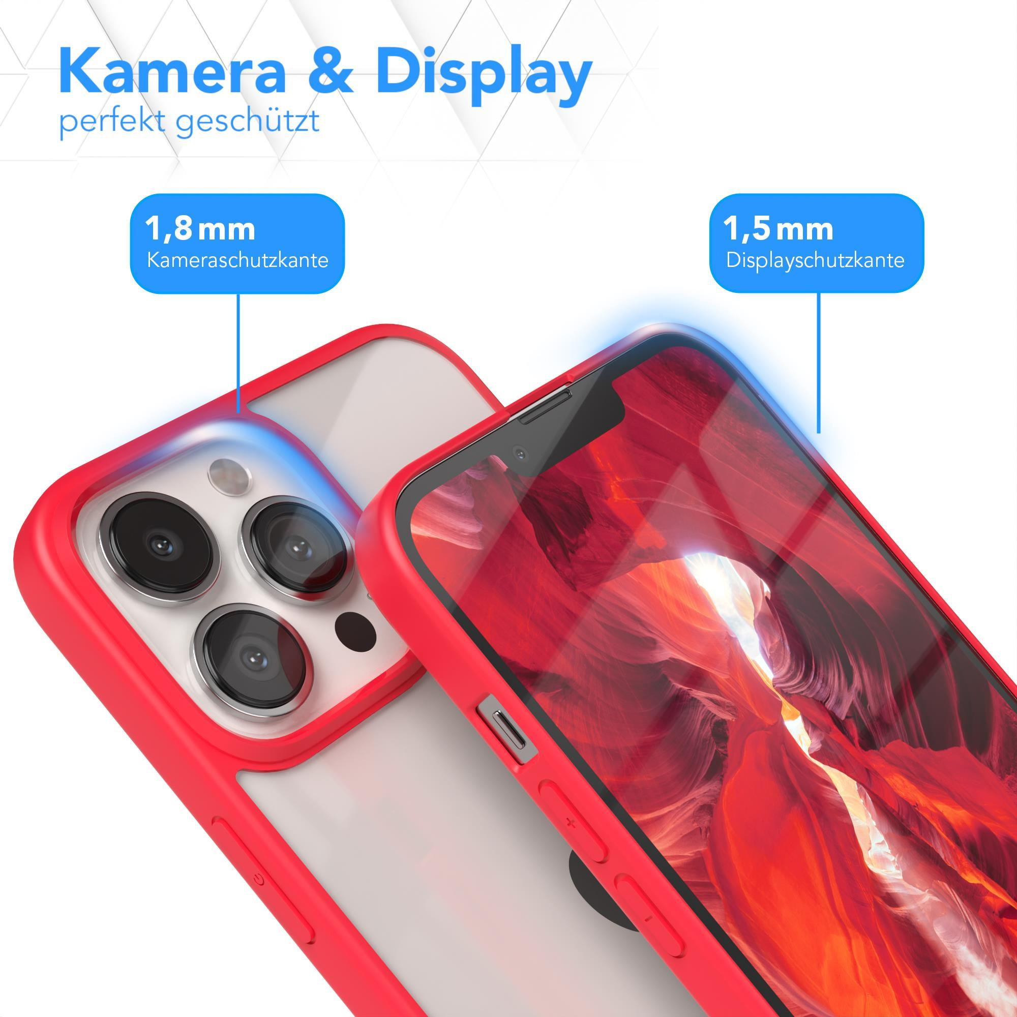 Eine rote Handyhülle mit Kamera- und Displayschutz. Text: 'Kamera & Display perfekt geschützt'.
