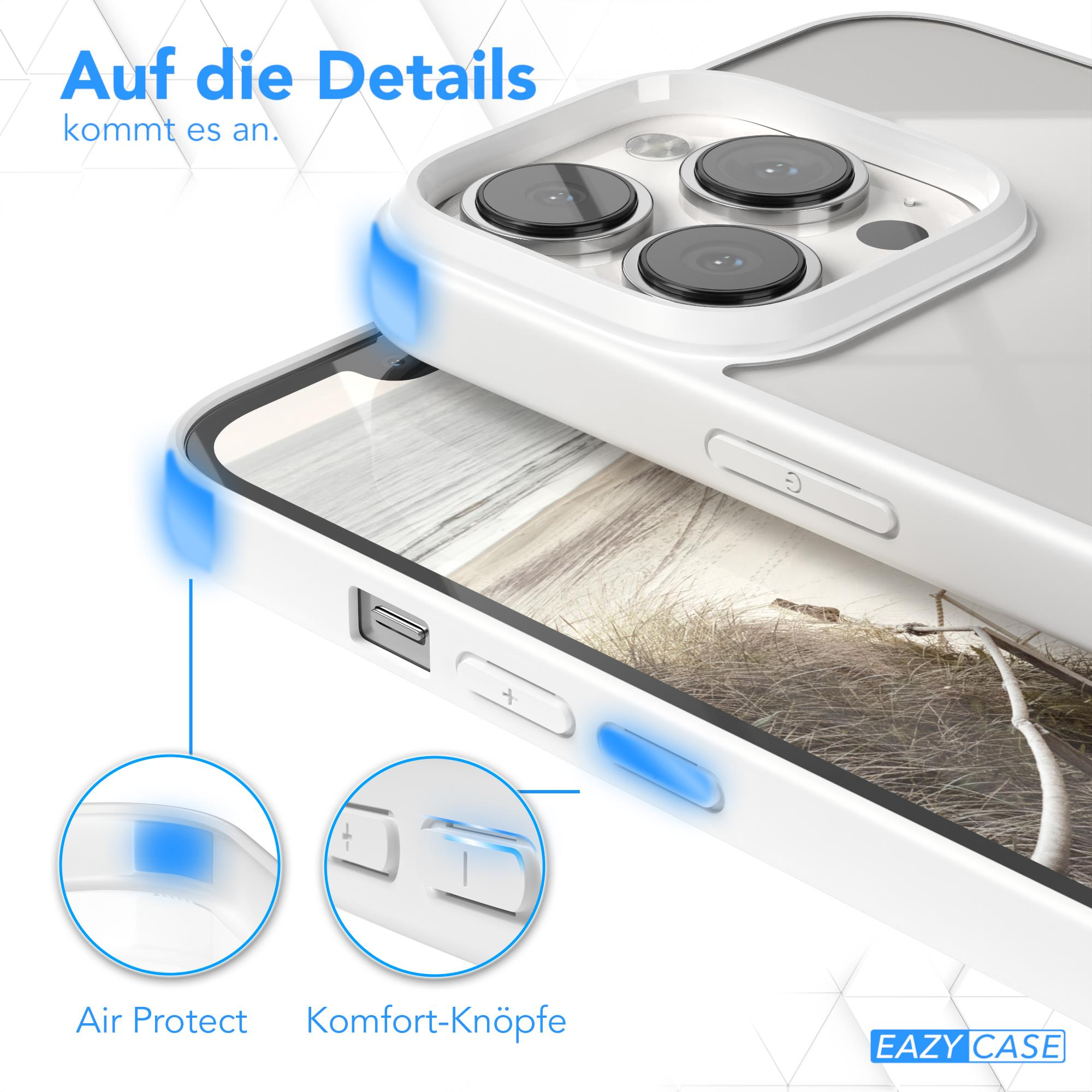 Weißes Handyhüllen-Detail: Kameraschutz, Knöpfe und ein Hintergrundbild.