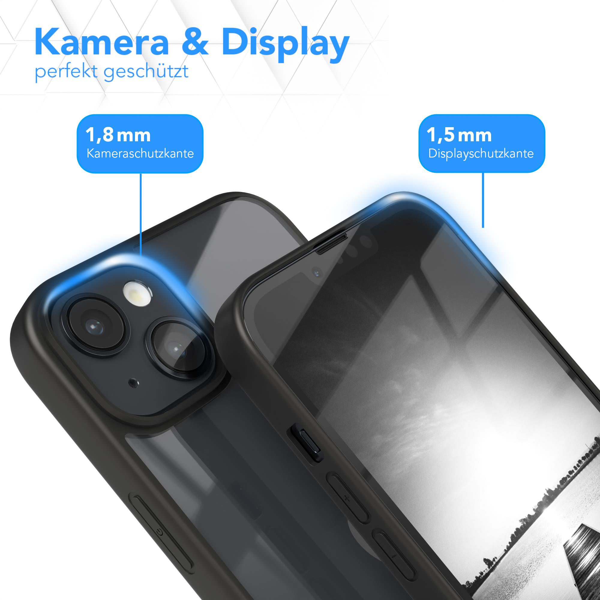 Zwei schwarze Handyhüllen. Eine zeigt den Kamera- und Displayschutz, die andere die Ansicht des Telefons.