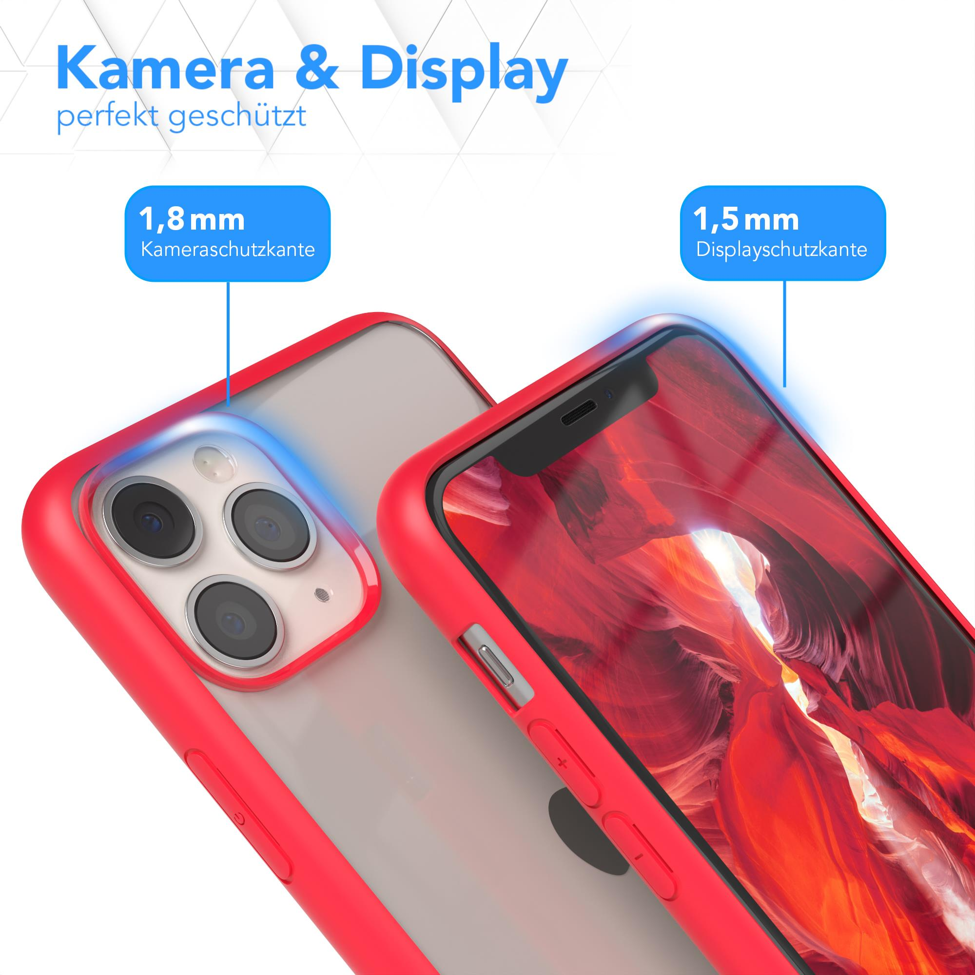 Rote Handyhülle mit Telefon, Text: 'Kamera & Display perfekt geschützt'.