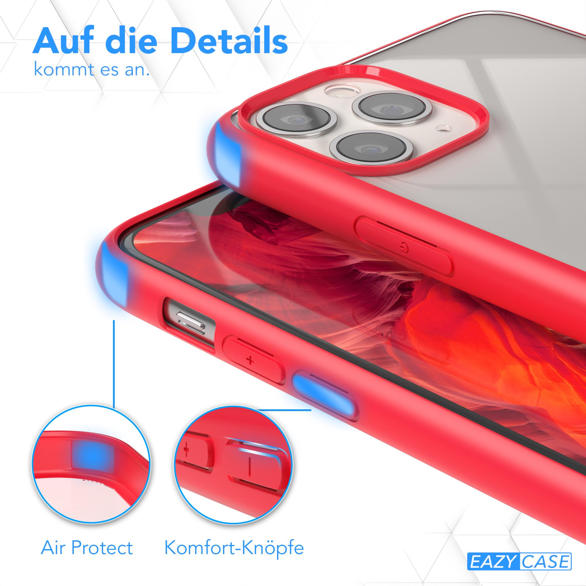 Rote Handyhülle mit klarer Rückseite. Text: Air Protect, Komfort-Knöpfe. Ausschnitt der Tasten.