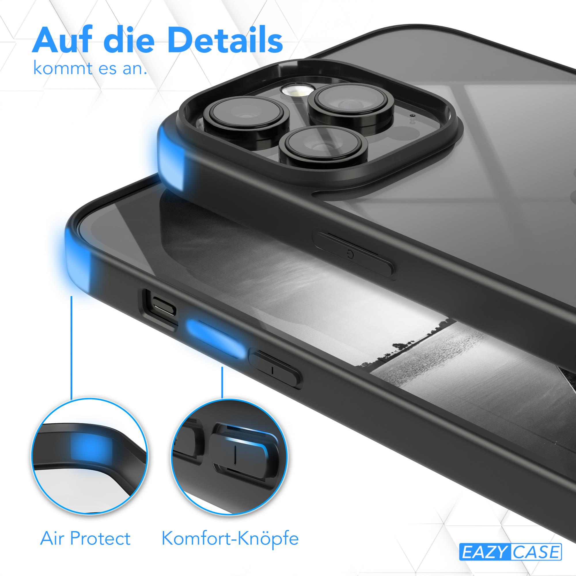 Nahaufnahme der Handyhülle mit Telefon. Text: Air Protect, Komfort-Knöpfe. Hülle ist schwarz mit blauem Glanz.