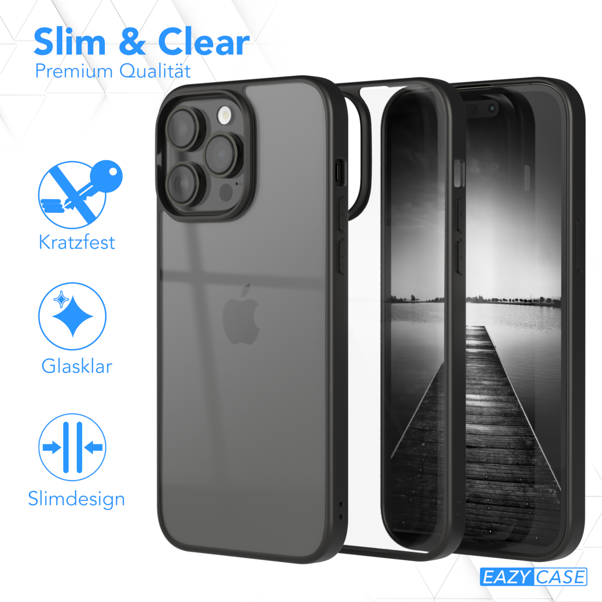 Ein Telefon in einer Hülle. Text beschreibt die Hülle als schlank, klar, kratzfest und schlankes Design.