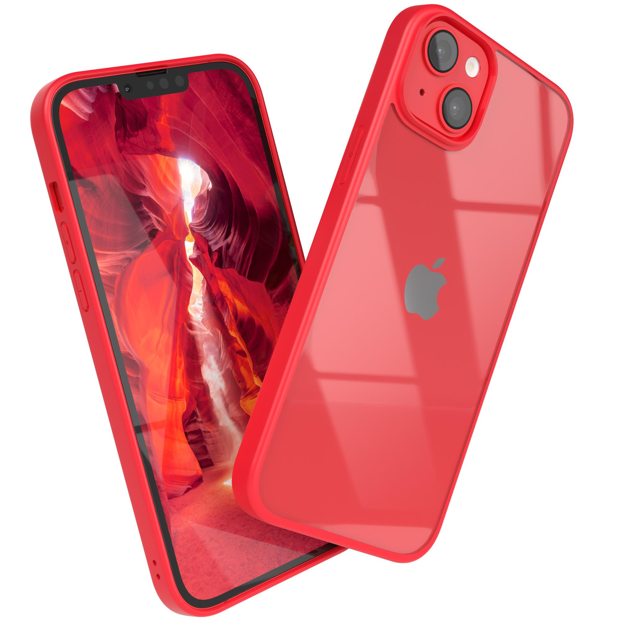 Zwei rote iPhones mit transparenten Hüllen. Eines ist zur Kamera geneigt, das andere vorne.