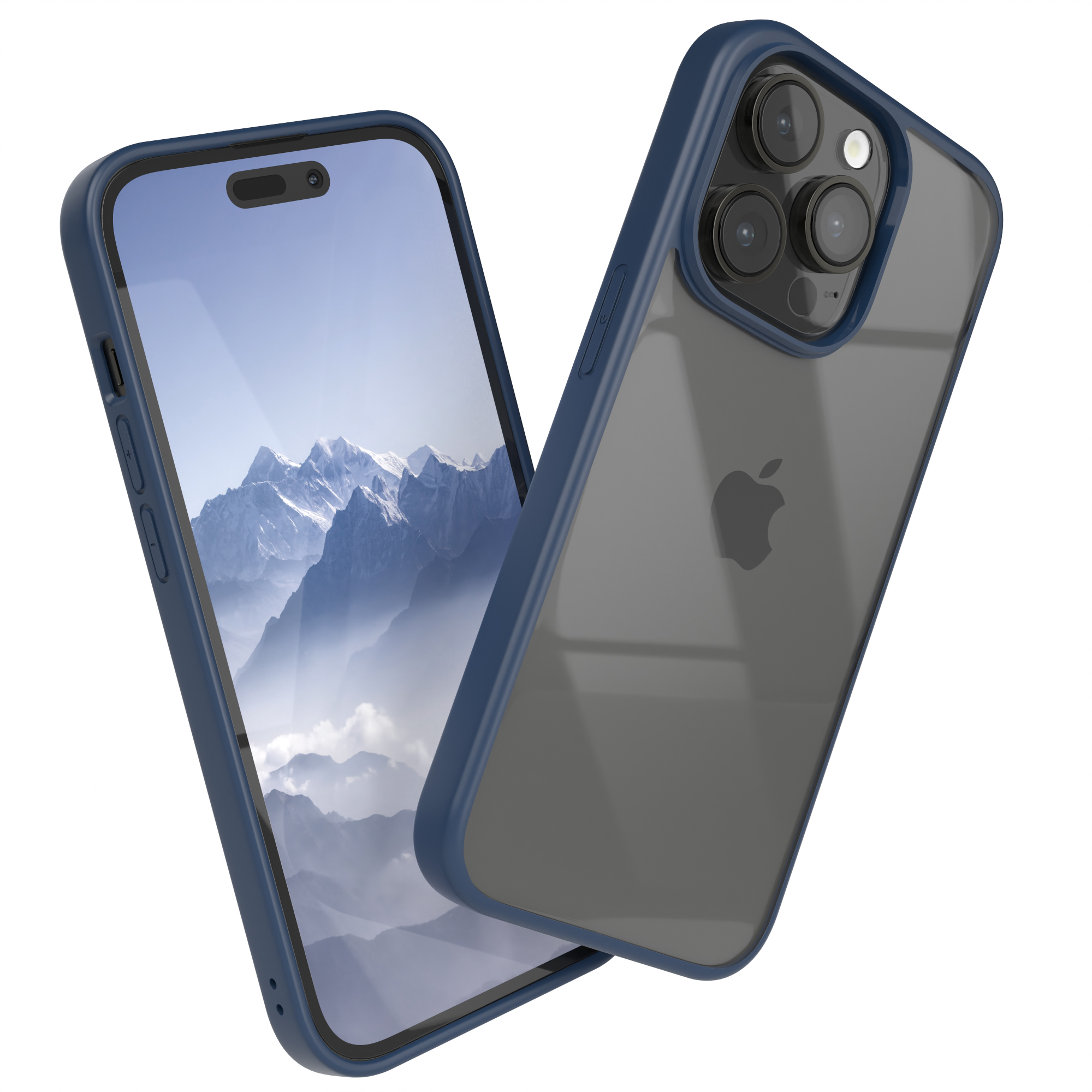 Zwei iPhone-Hüllen, eine auf dem Telefon, die andere daneben. Sie sind blau und transparent.