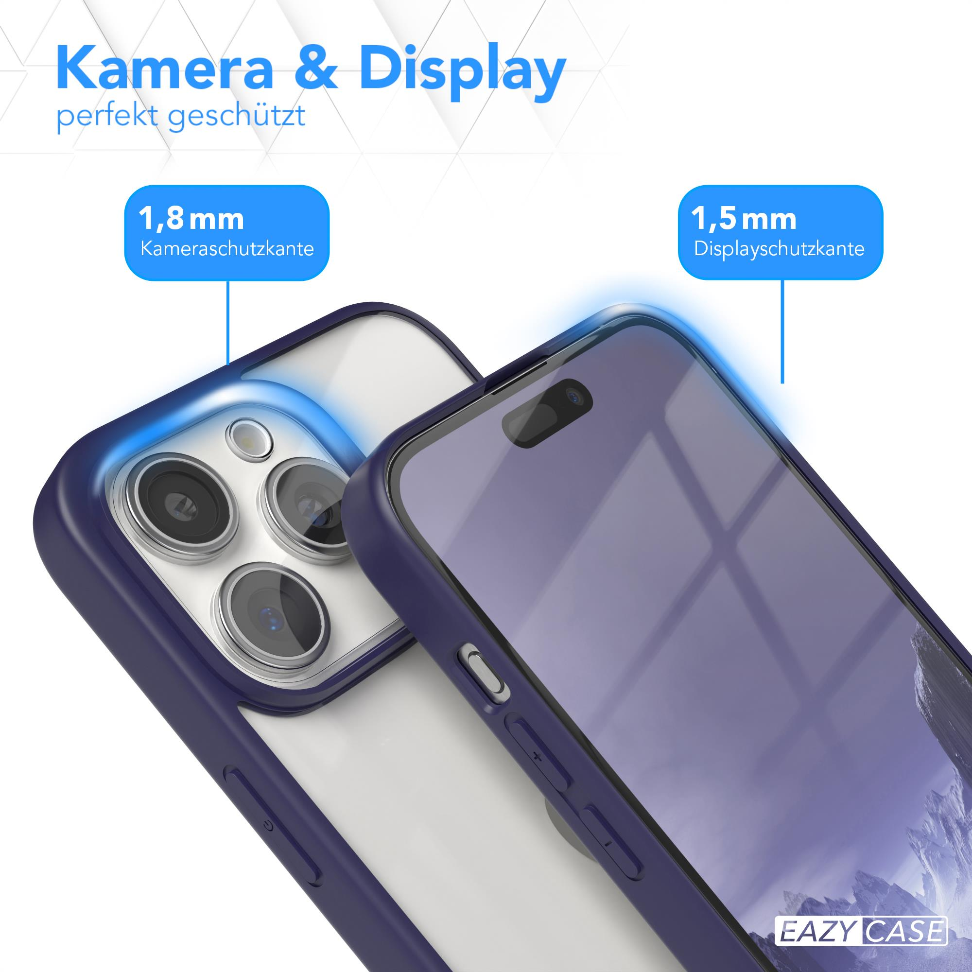 Eine dunkelblaue Handyhülle auf einem Telefon. Es zeigt einen erhöhten Rand für Kamera und Display.