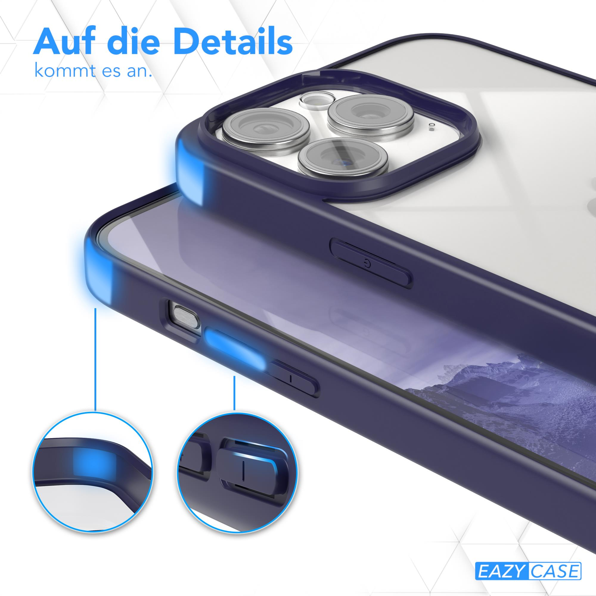 Nahaufnahme einer Handyhülle, blaue Ränder, Hervorhebung von Tastendetails. Blaues Licht akzentuiert die Kanten.