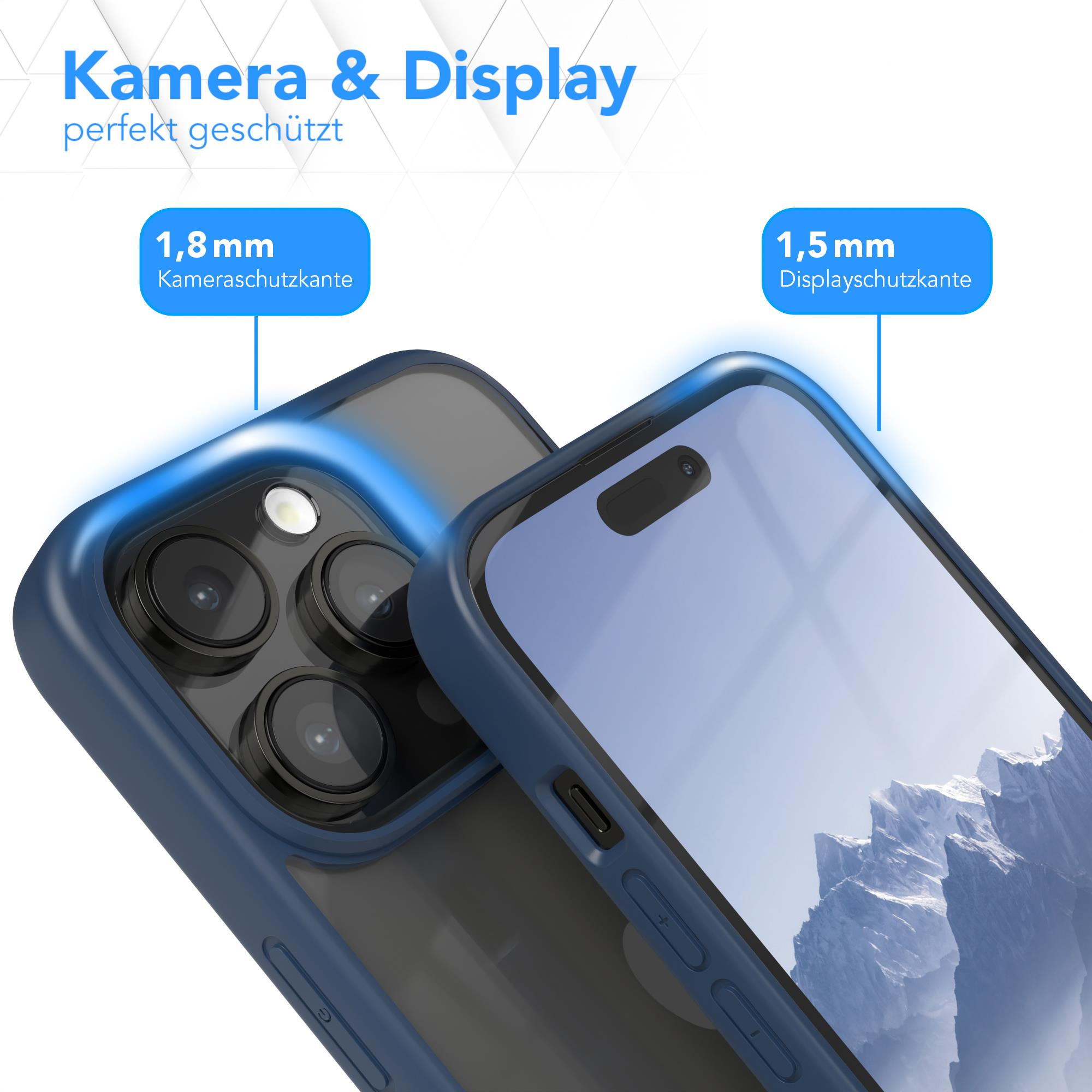 Handyhülle mit blauem Rahmen, schützt Kamera und Display.