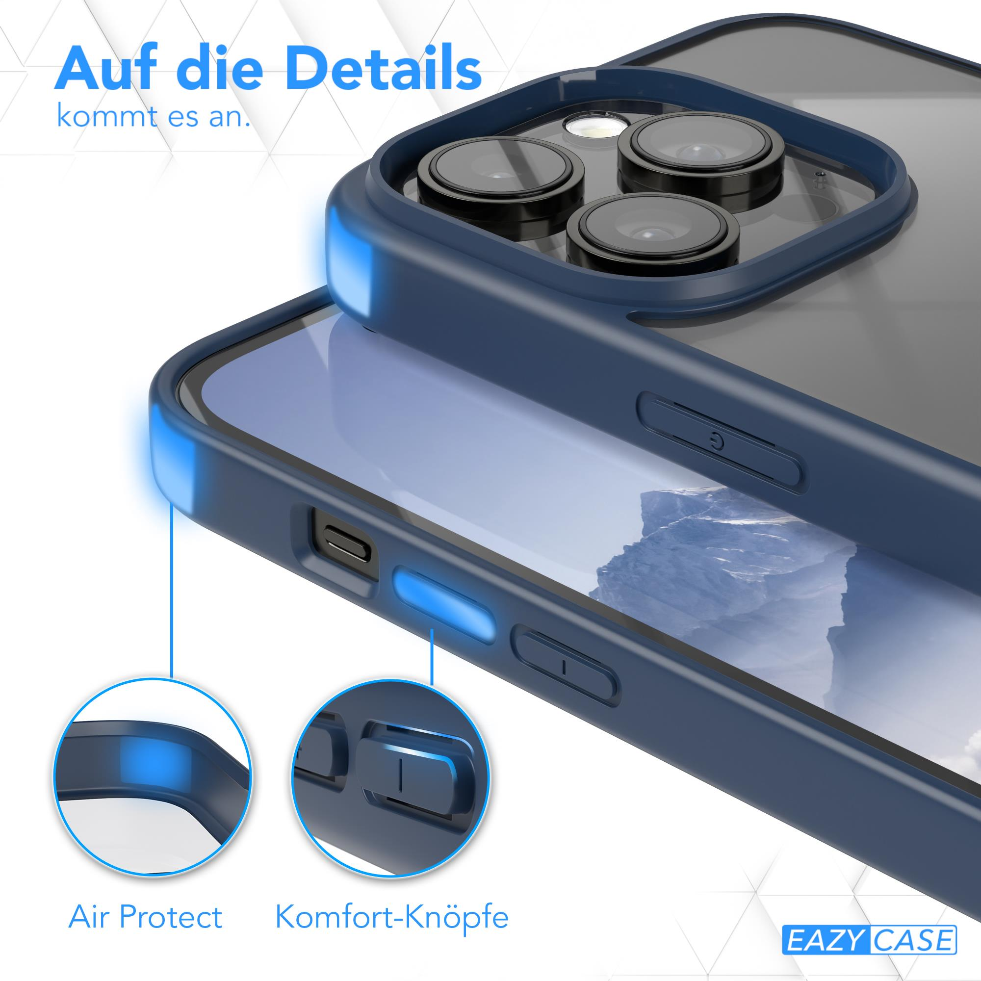 Nahaufnahme einer dunkelblauen Handyhülle mit durchsichtigem Rücken. Zeigt Knöpfe und Text 'Air Protect' und 'Komfort-Knöpfe'.