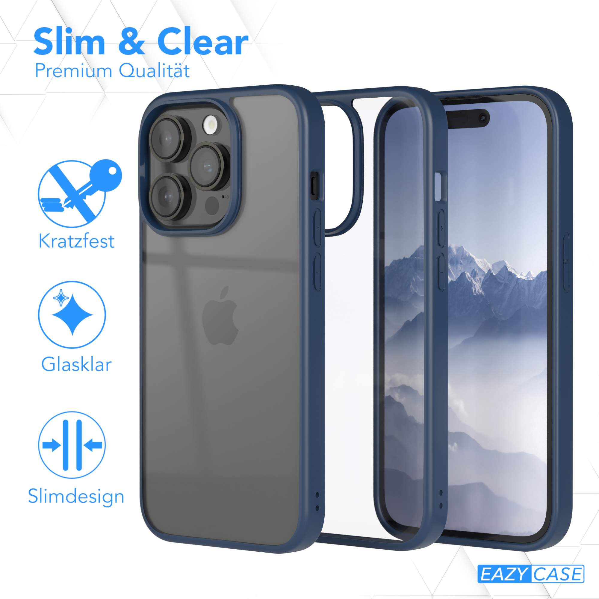 Transparente Handyhülle mit blauem Rahmen, Einzelteile. Hülle liegt auf weißer Oberfläche mit Handy.