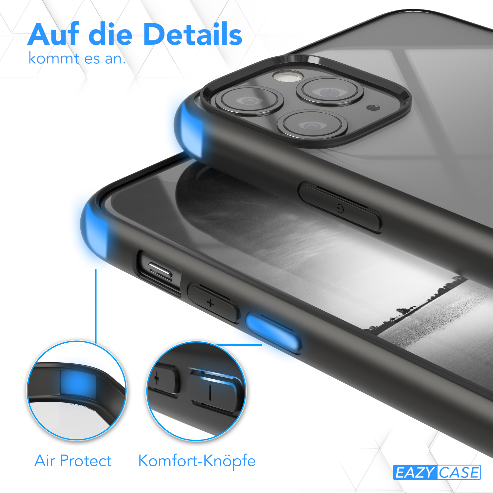 Zwei schwarze Handyhüllen, eine zeigt Knöpfe und Bildschirmschutz. Text betont Details.