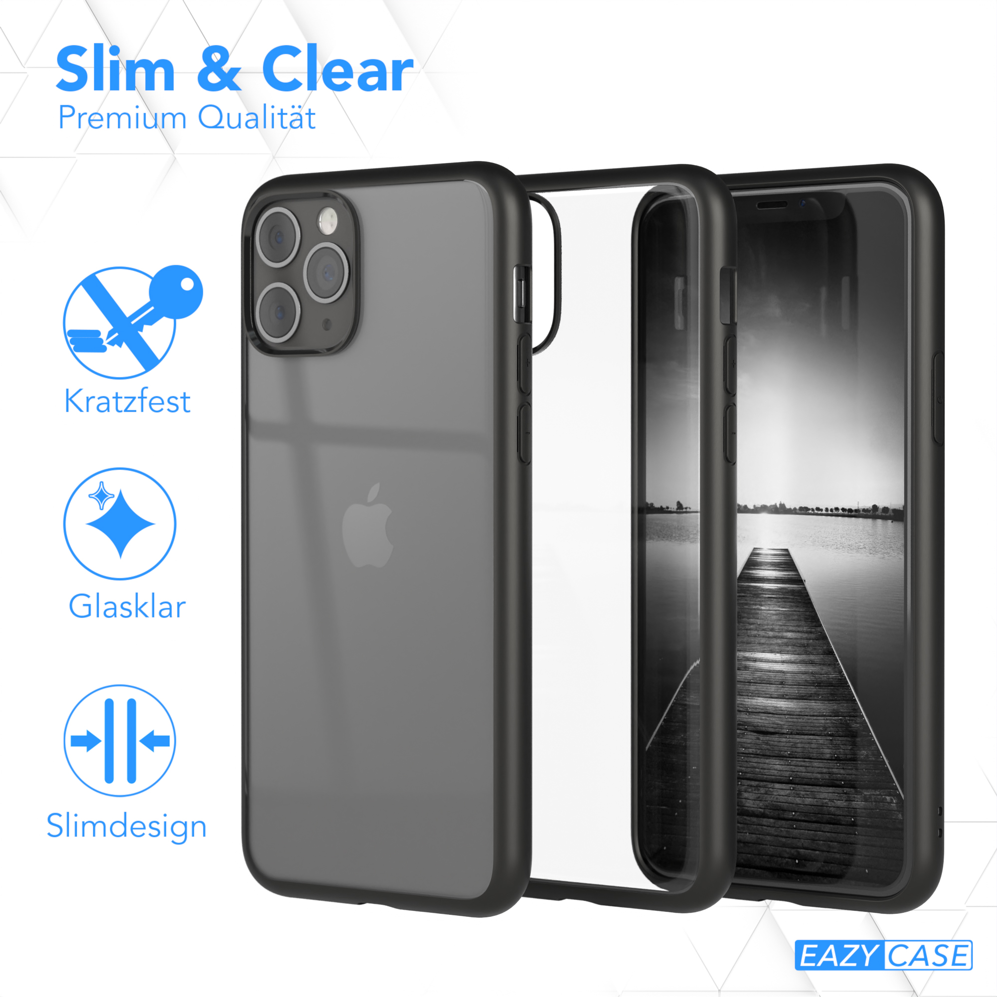 Telefon mit Schutzhülle, Teile der Hülle getrennt. Text: Slim & Clear, kratzfest.