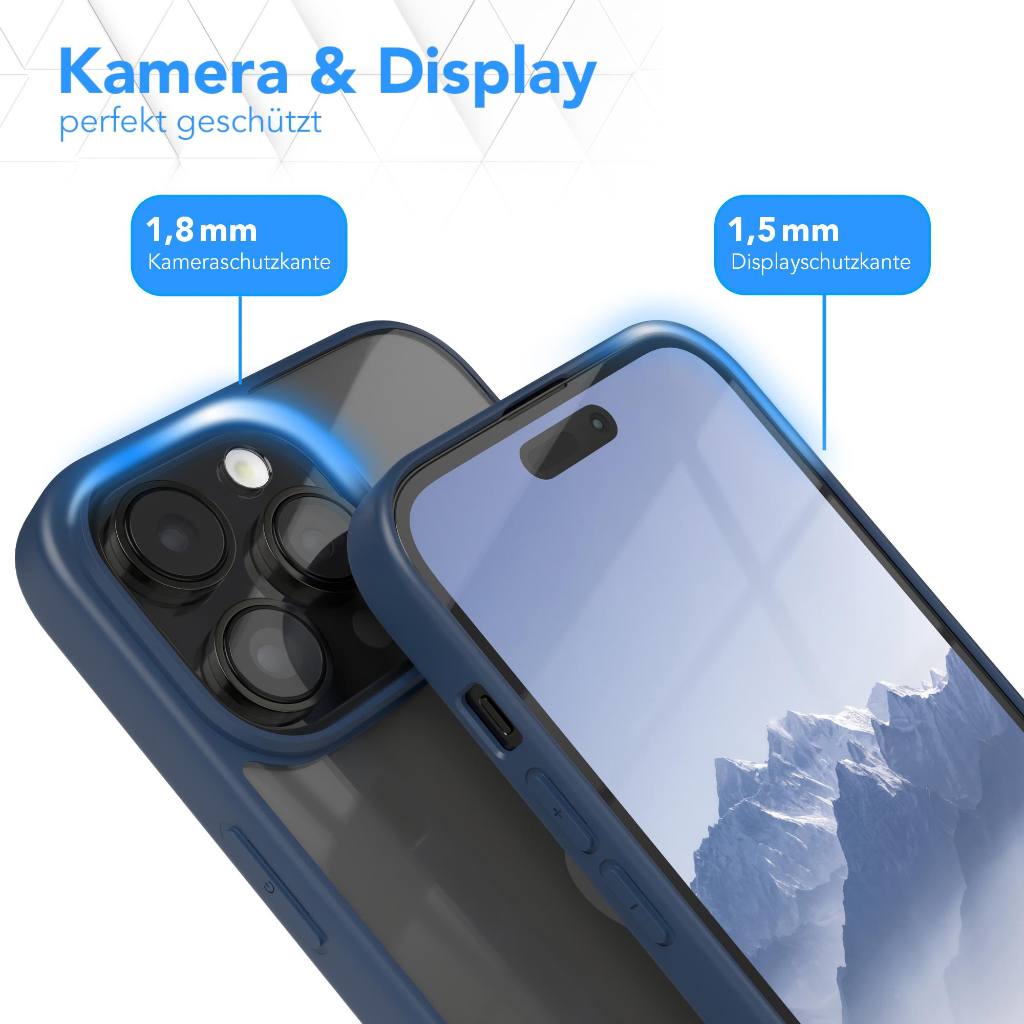Telefon und Hülle, die Hülle ist blau, und das Display ist sichtbar, mit Text.