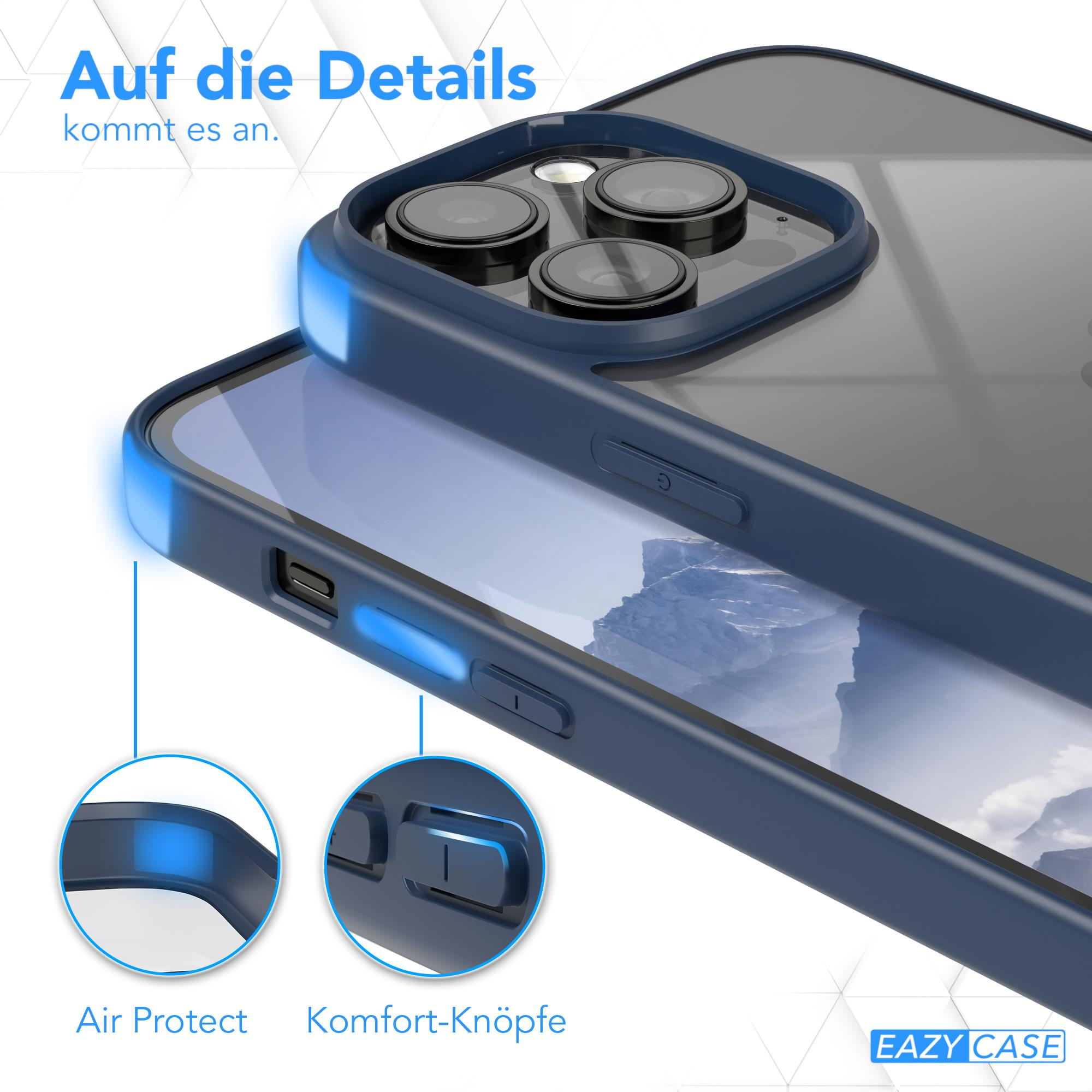 Eine dunkelblaue Handyhülle mit hervorgehobenen Kanten, die Tasten und Luftschutzeigenschaften zeigt.