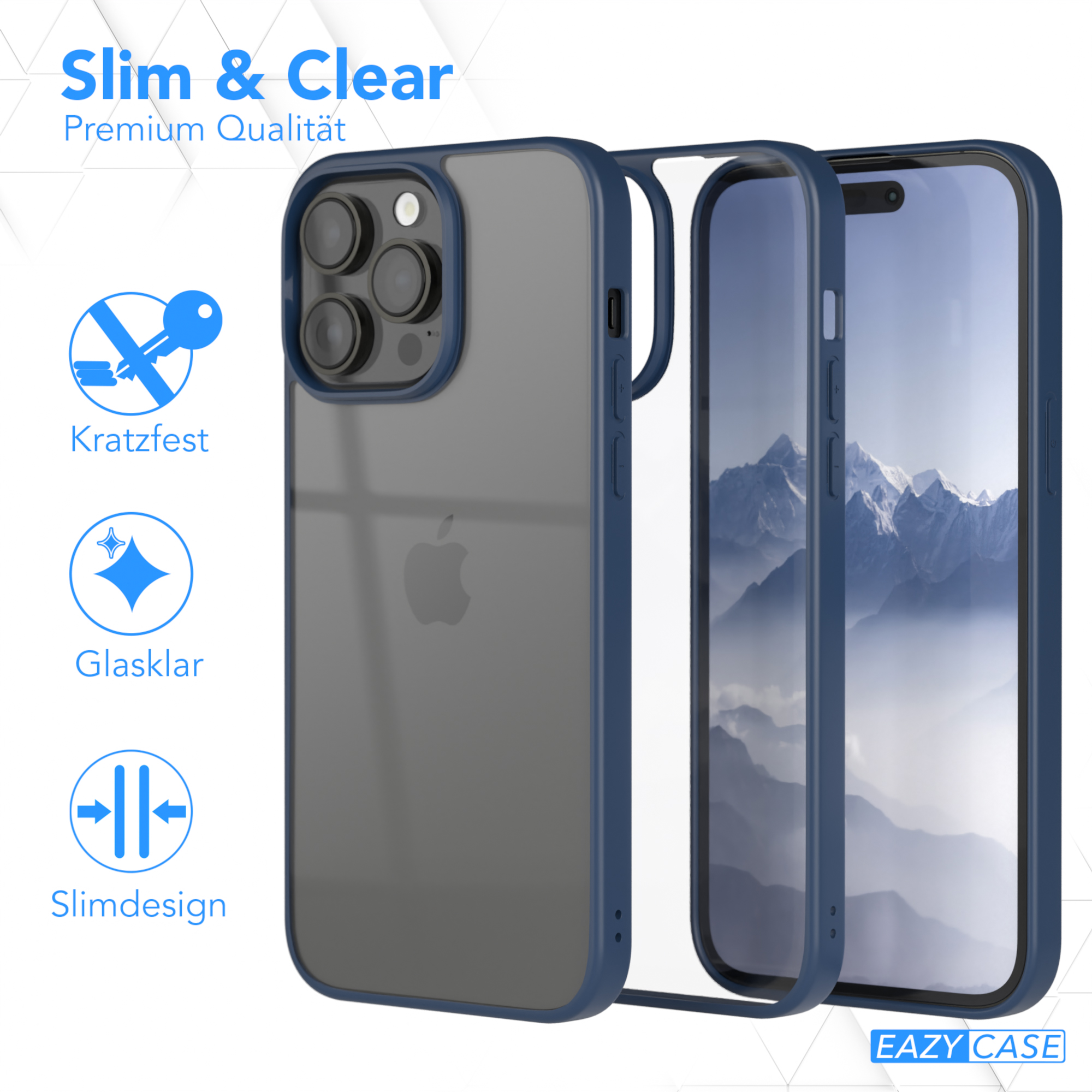 Eine blaue Handyhülle mit einem Telefon darin. Text links: 'Slim & Clear'.