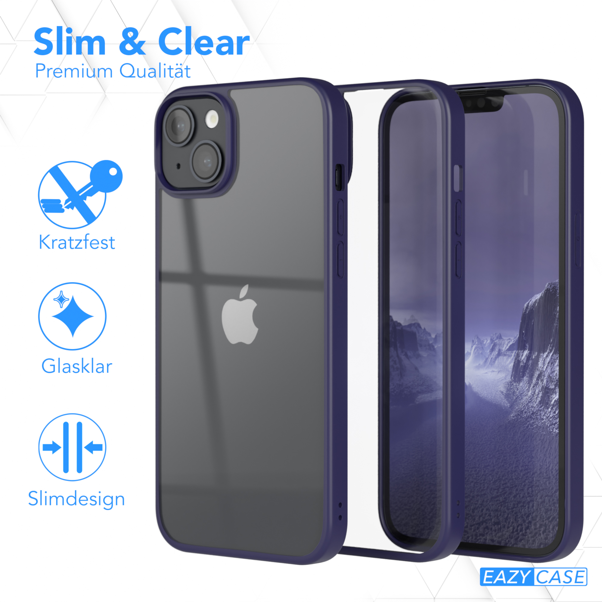 Blaue iPhone-Hülle mit blauem Rand, transparentem Rücken und weißem Text, vor blauem Hintergrund.