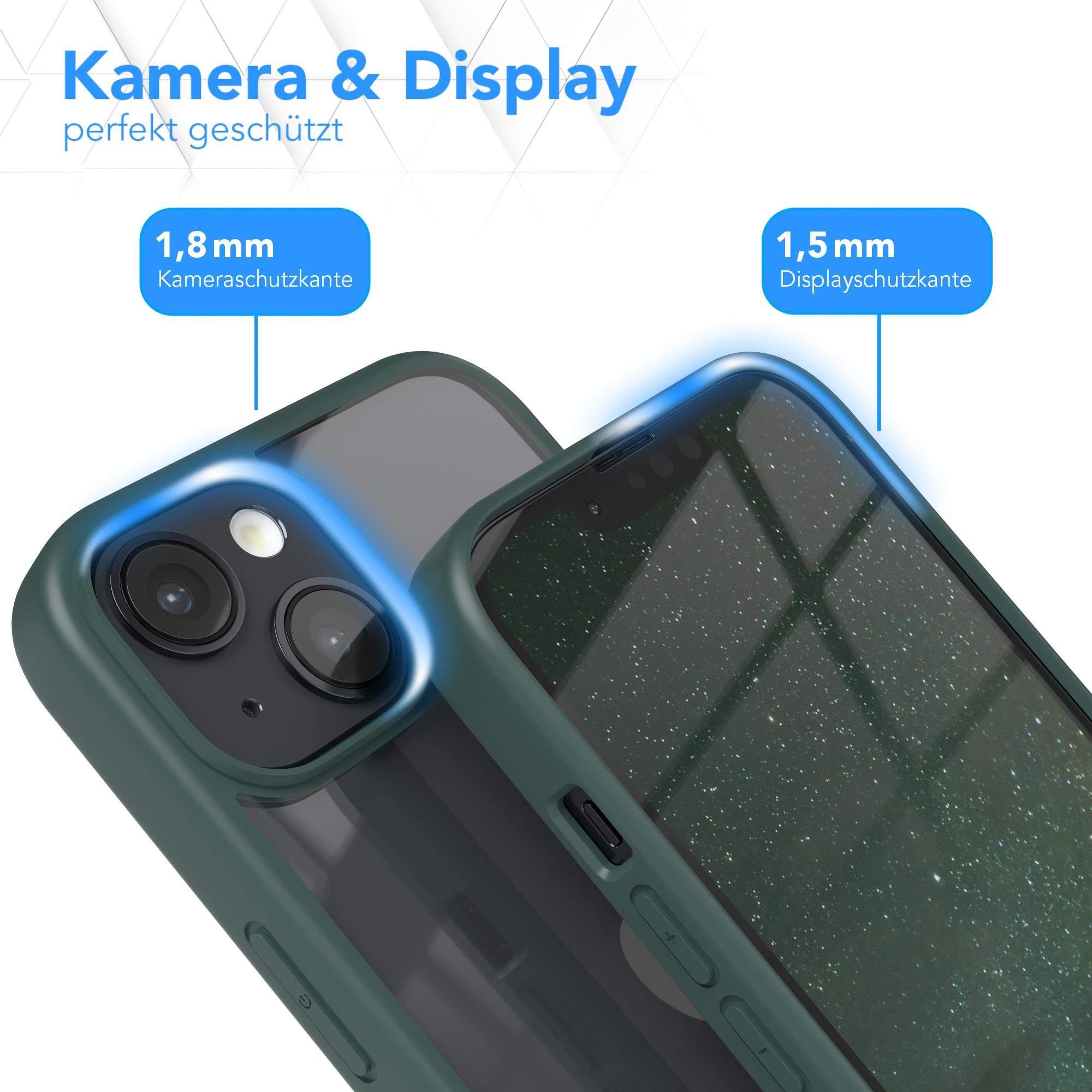 Zwei grüne Handyhüllen gestapelt. Text zeigt 1,8 mm und 1,5 mm Dicke für Kamera und Display an.