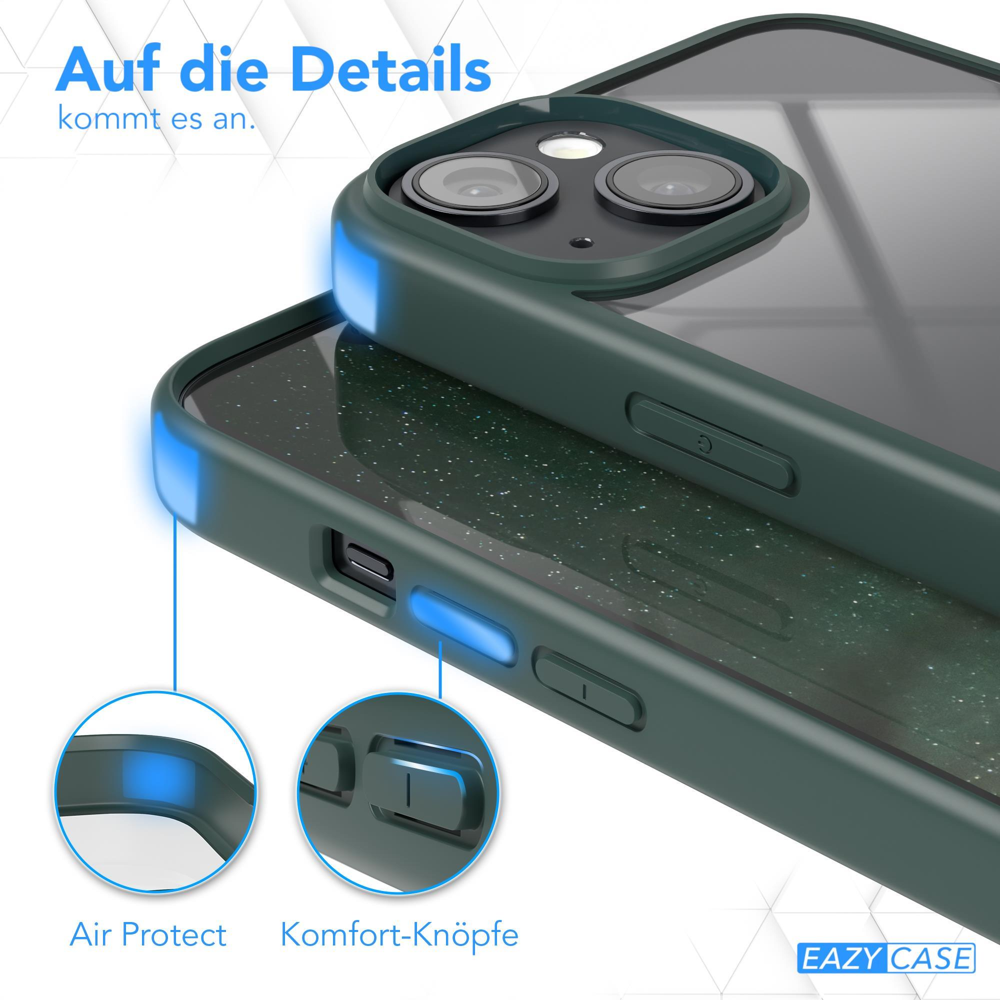 Dunkelgrüne Handyhülle mit Nahaufnahme der Knöpfe und des Telefons.
