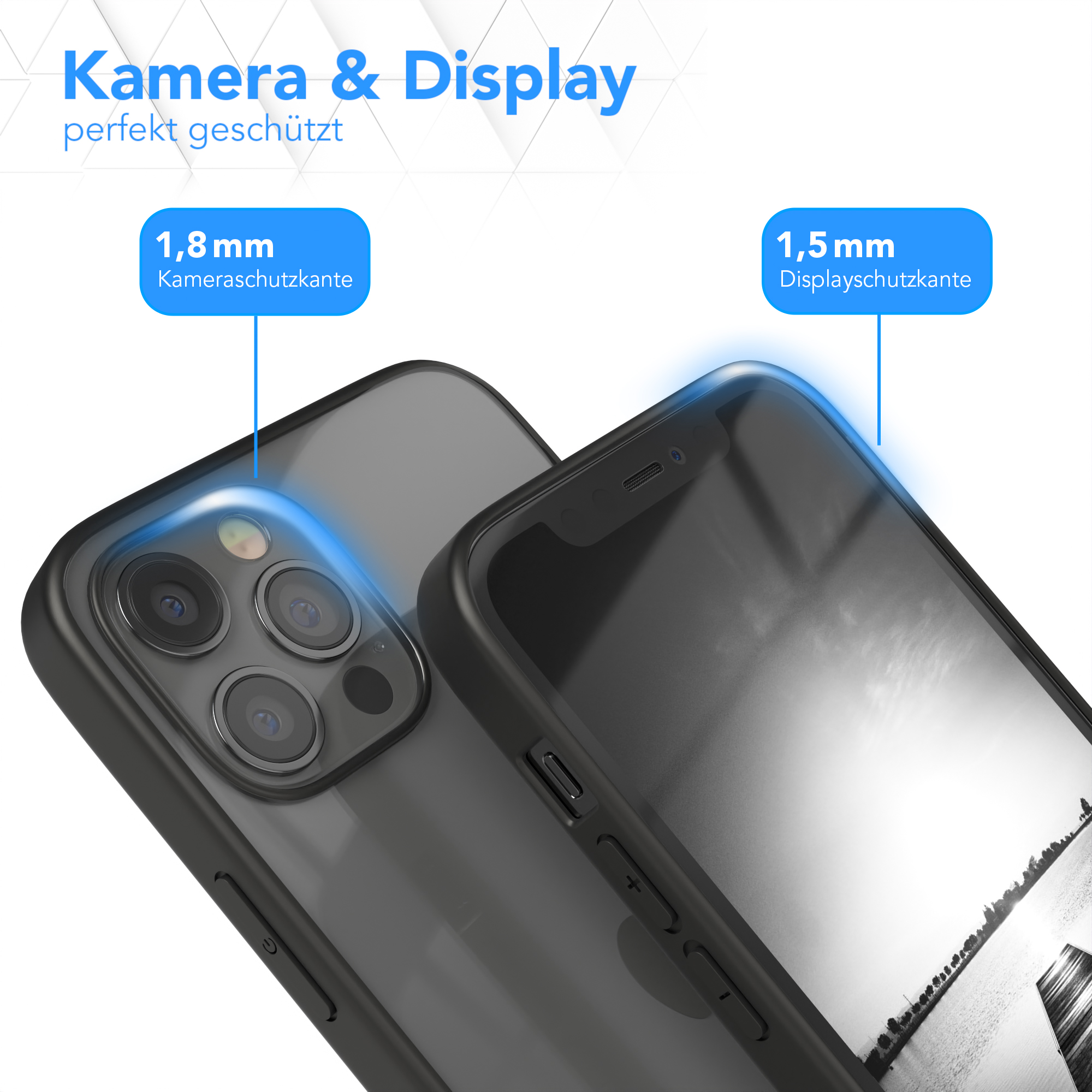 Eine Handyhülle schützt Kamera und Display. Etiketten weisen auf 1,8 mm und 1,5 mm Schutz hin.