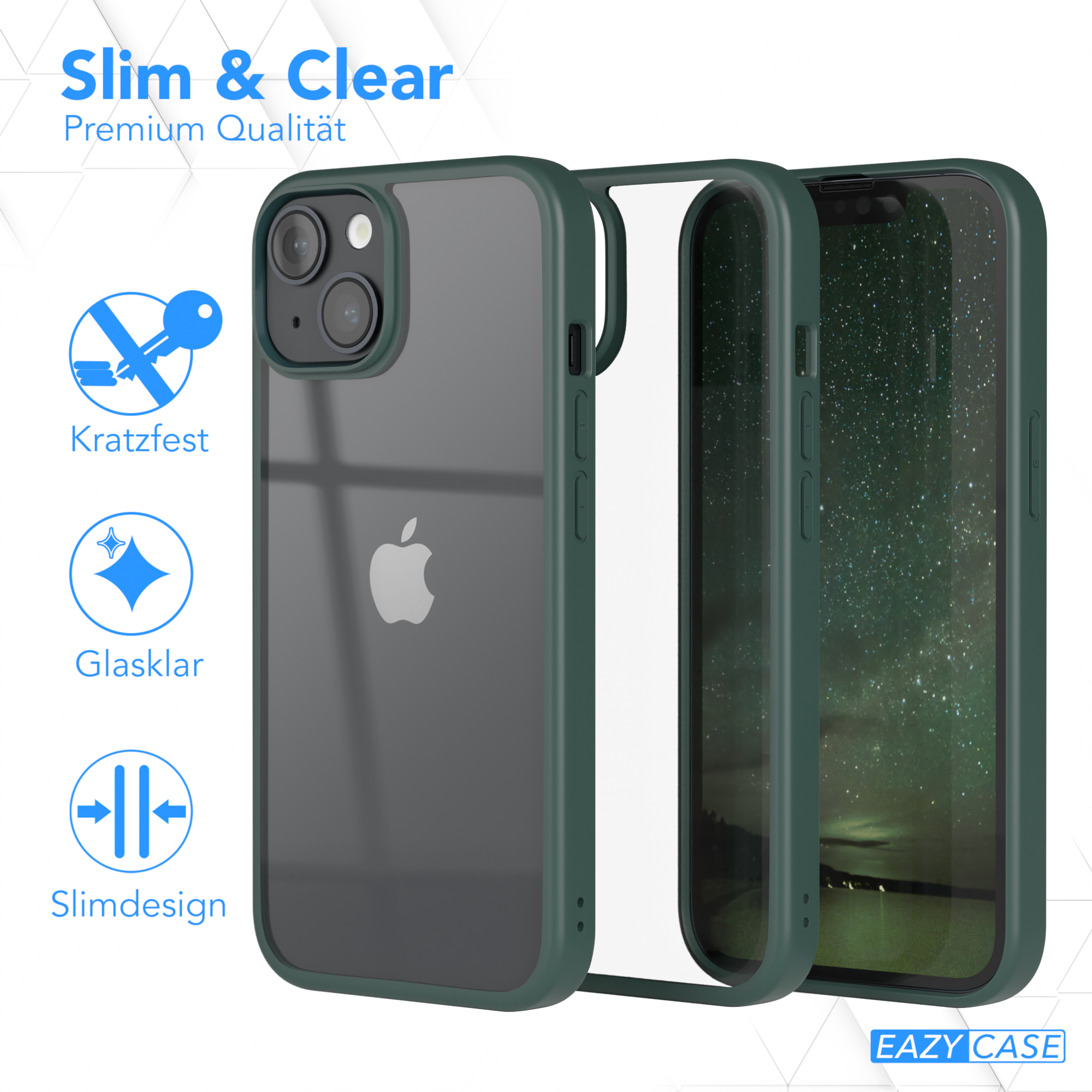 Transparente Handyhülle mit grünem Rahmen, die das Telefon zeigt. Text: kratzfest, klar, schlankes Design.