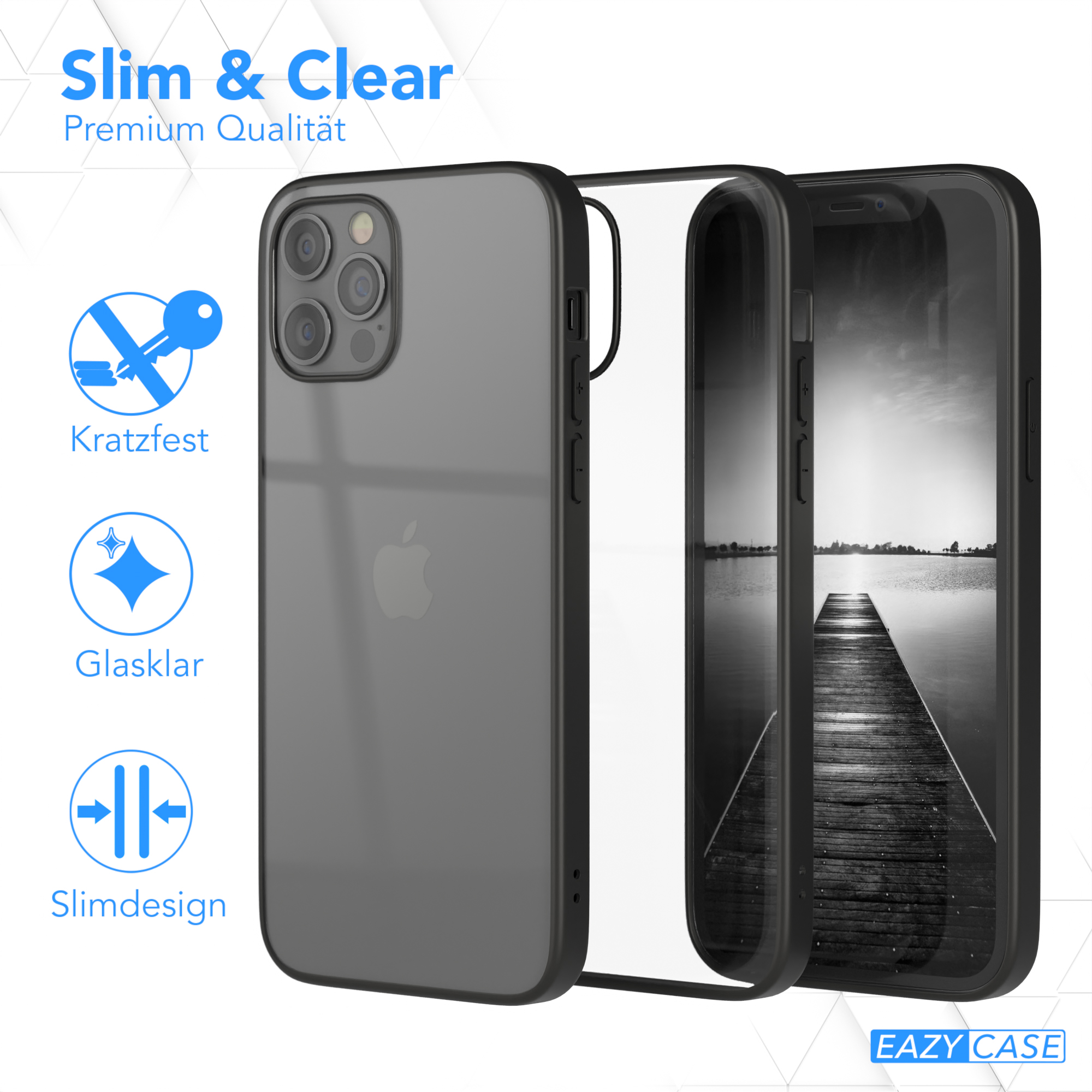 Eine Handyhülle mit einem Telefon darin. Text: Schlank & Klar, Kratzfest, Glasklar, Slimdesign. Es hat ein Apple-Logo.