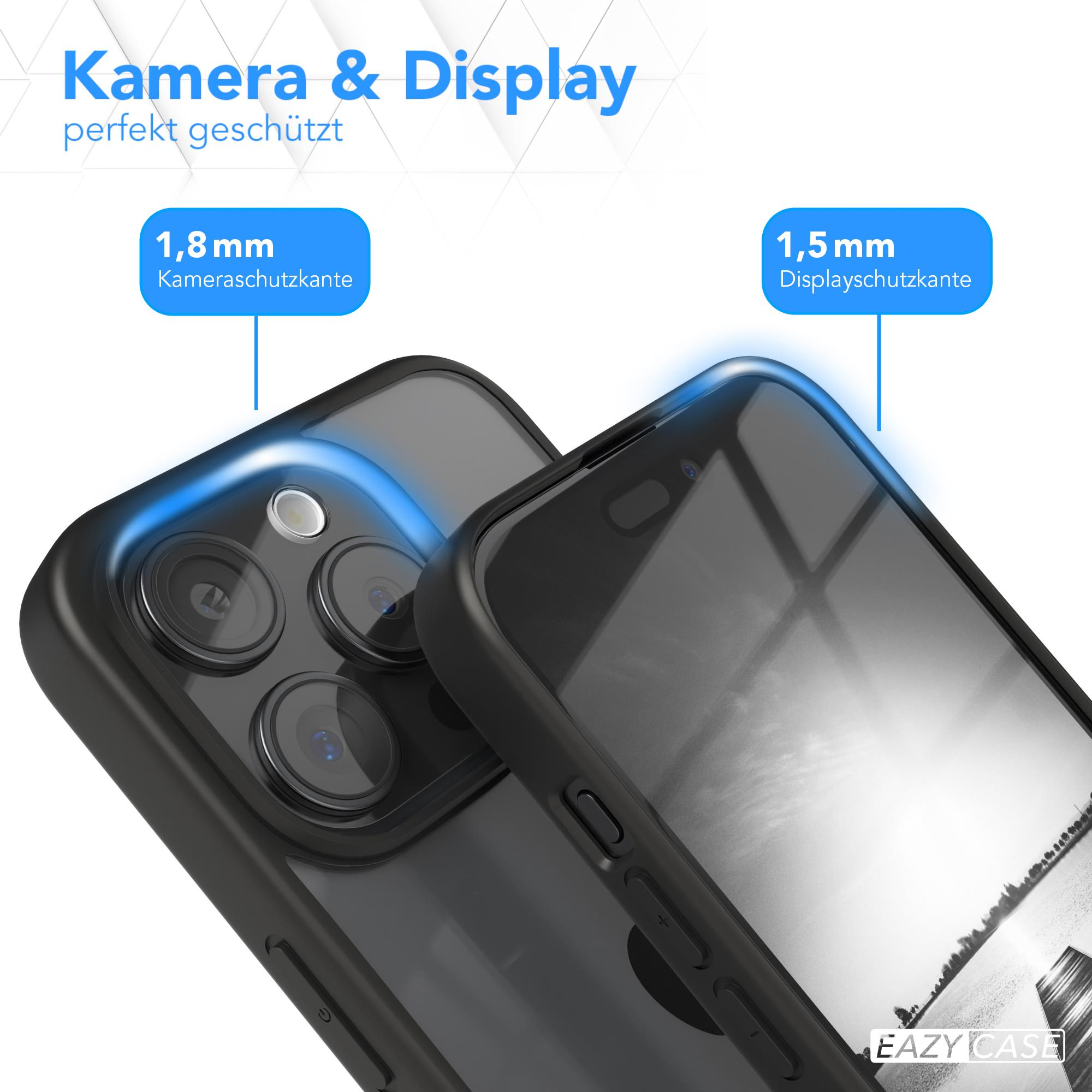 Zwei schwarze Handyhüllen, eine mit Telefon. Text: Kamera & Display, perfekter Schutz.