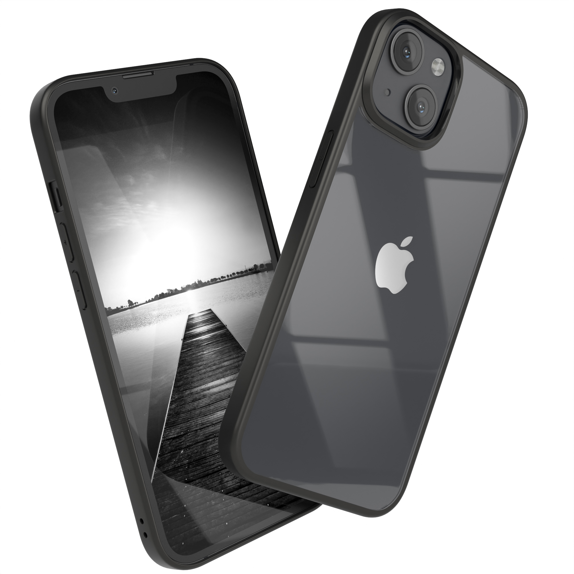 Zwei Telefone mit Hüllen, eines zeigt eine Landschaft. Das andere zeigt die Rückseite des Telefons mit Apple-Logo.