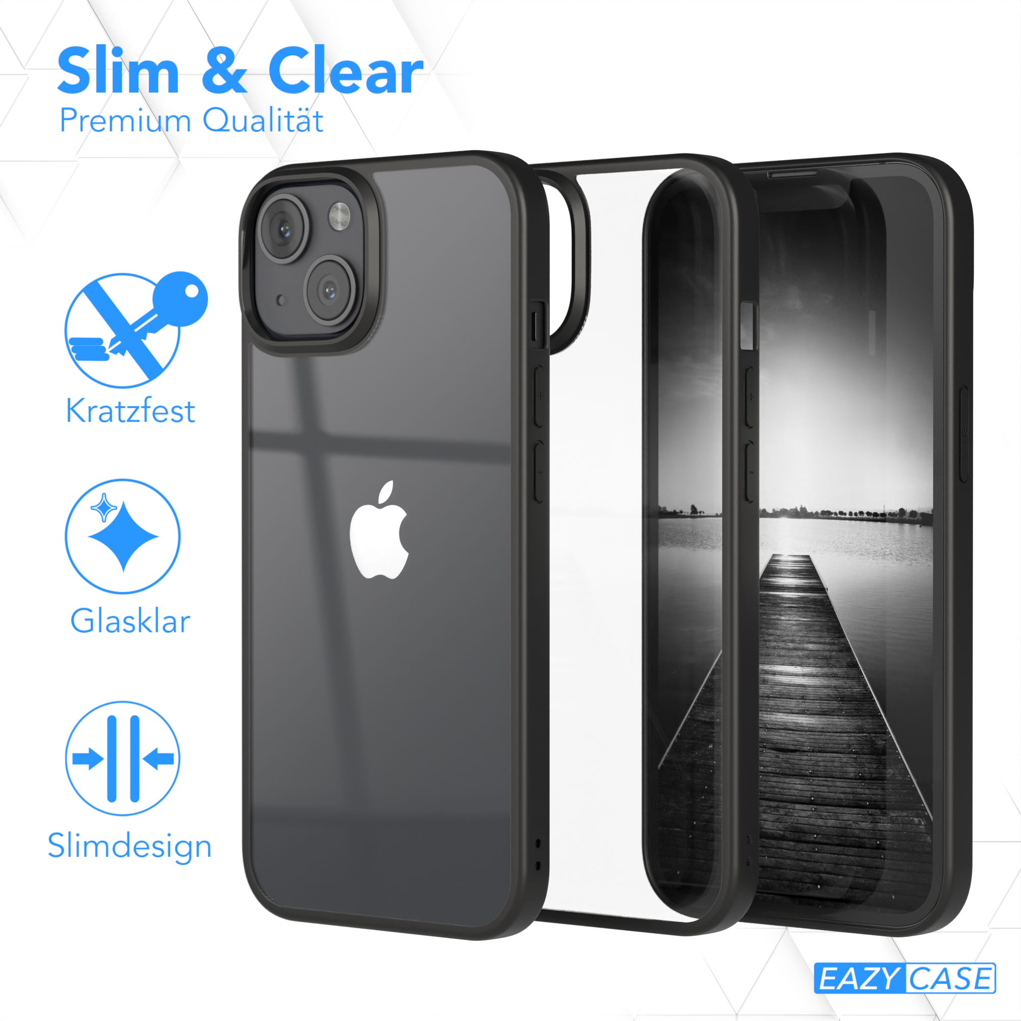 Klare Handyhülle auf Telefon. Zeigt die Handyhülle mit einem Telefon. Eazy Case Logo. Schlank und klar.