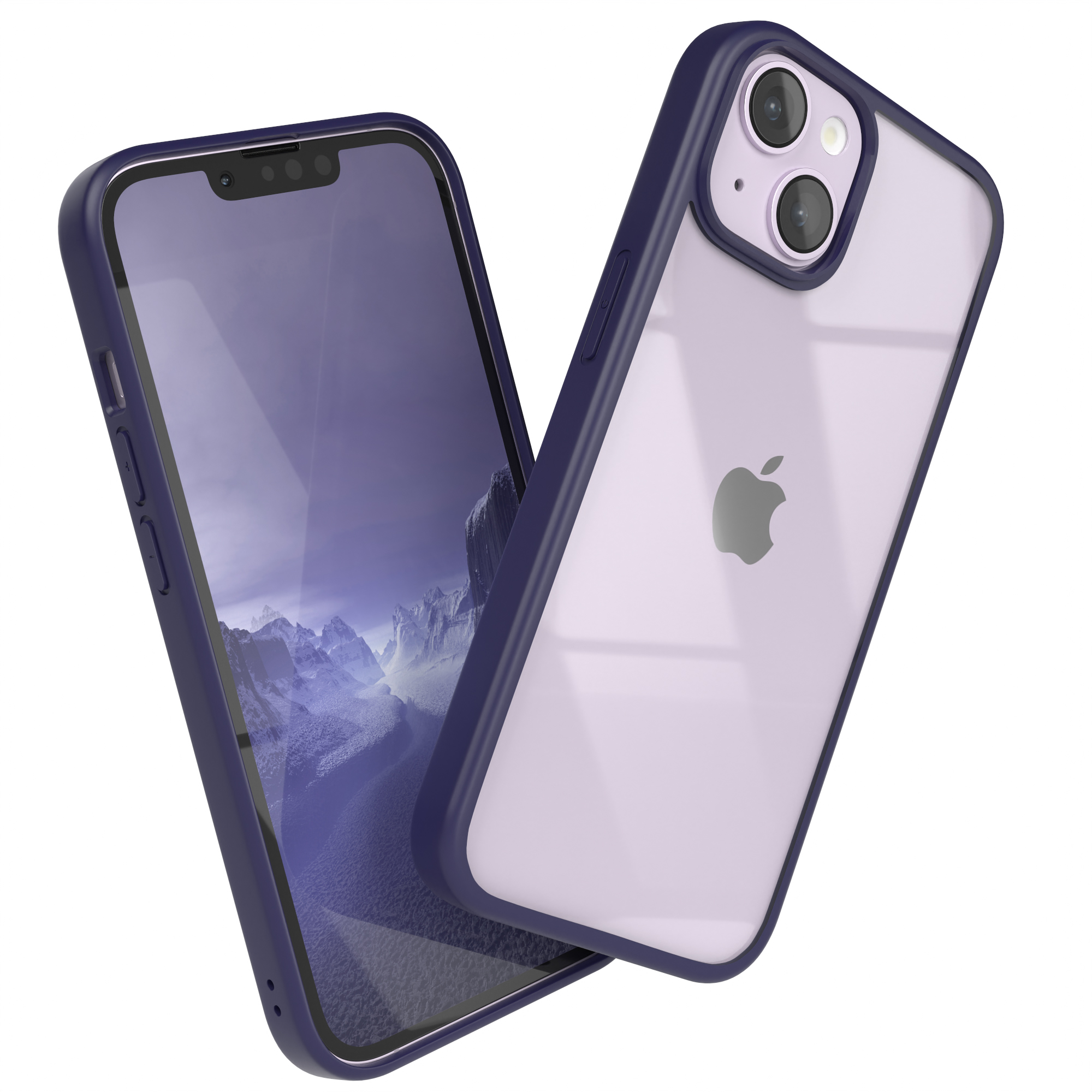 Zwei Telefone mit blauen Hüllen. Eines zeigt eine Berglandschaft, das andere das Apple-Logo.
