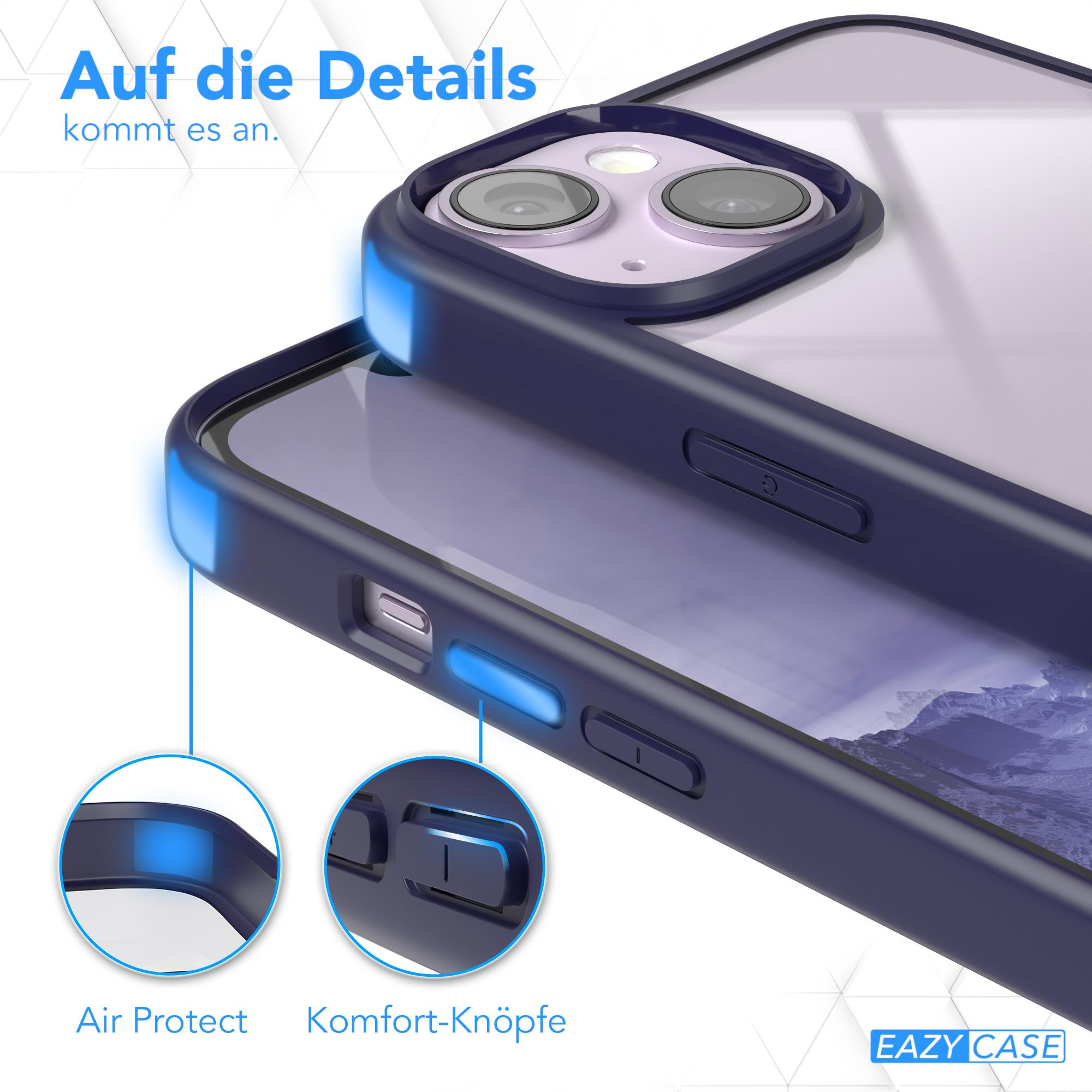 Nahaufnahme einer Handyhülle auf einem Telefon. Es hat einen blauen Rand und eine klare Rückseite.
