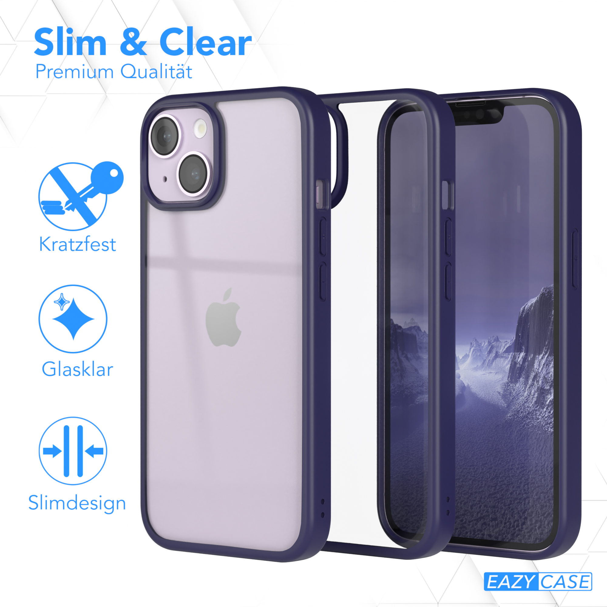 Handyhülle mit blauem Rahmen, transparentem Rücken und einem Telefon im Inneren. Text oben: Slim & Clear.