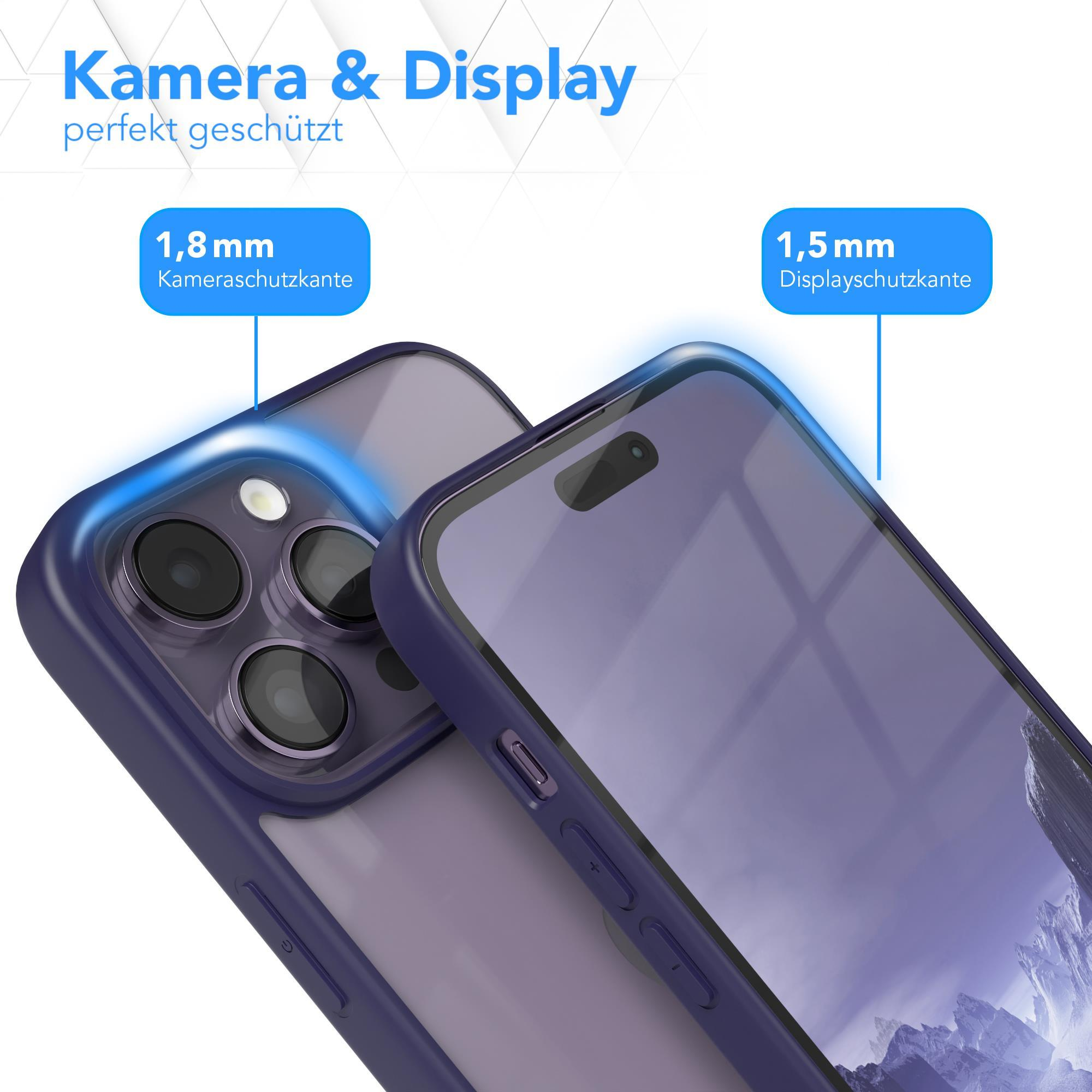 Handyhüllen-Detail: Kamera- und Displayschutz, lila Hülle und Telefon.