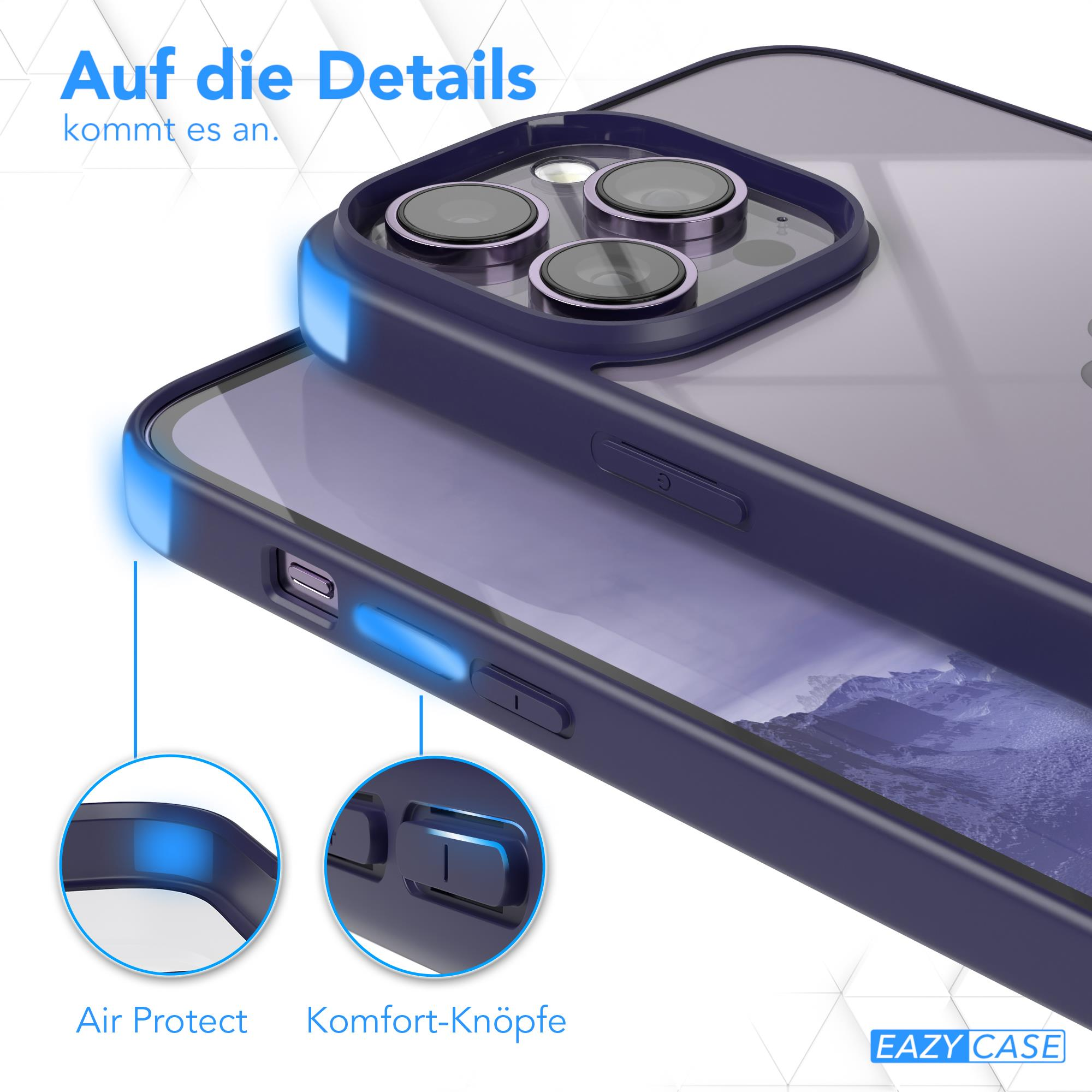 Zwei Handyhüllen mit blauem Licht. Eine hat einen Ausschnitt für die Knöpfe. EAZY CASE steht drauf.