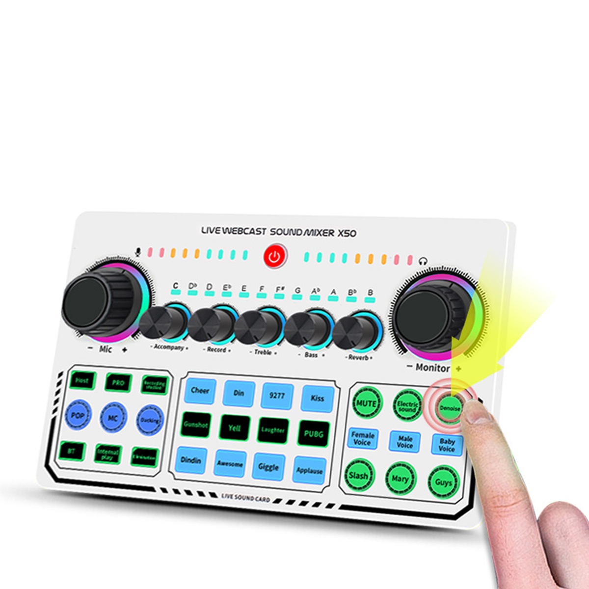Soundmixer mit vielen Knöpfen und Reglern. Die Hand zeigt auf einen Knopf. Text: LIVE WEBCAST SOUND MIXER.